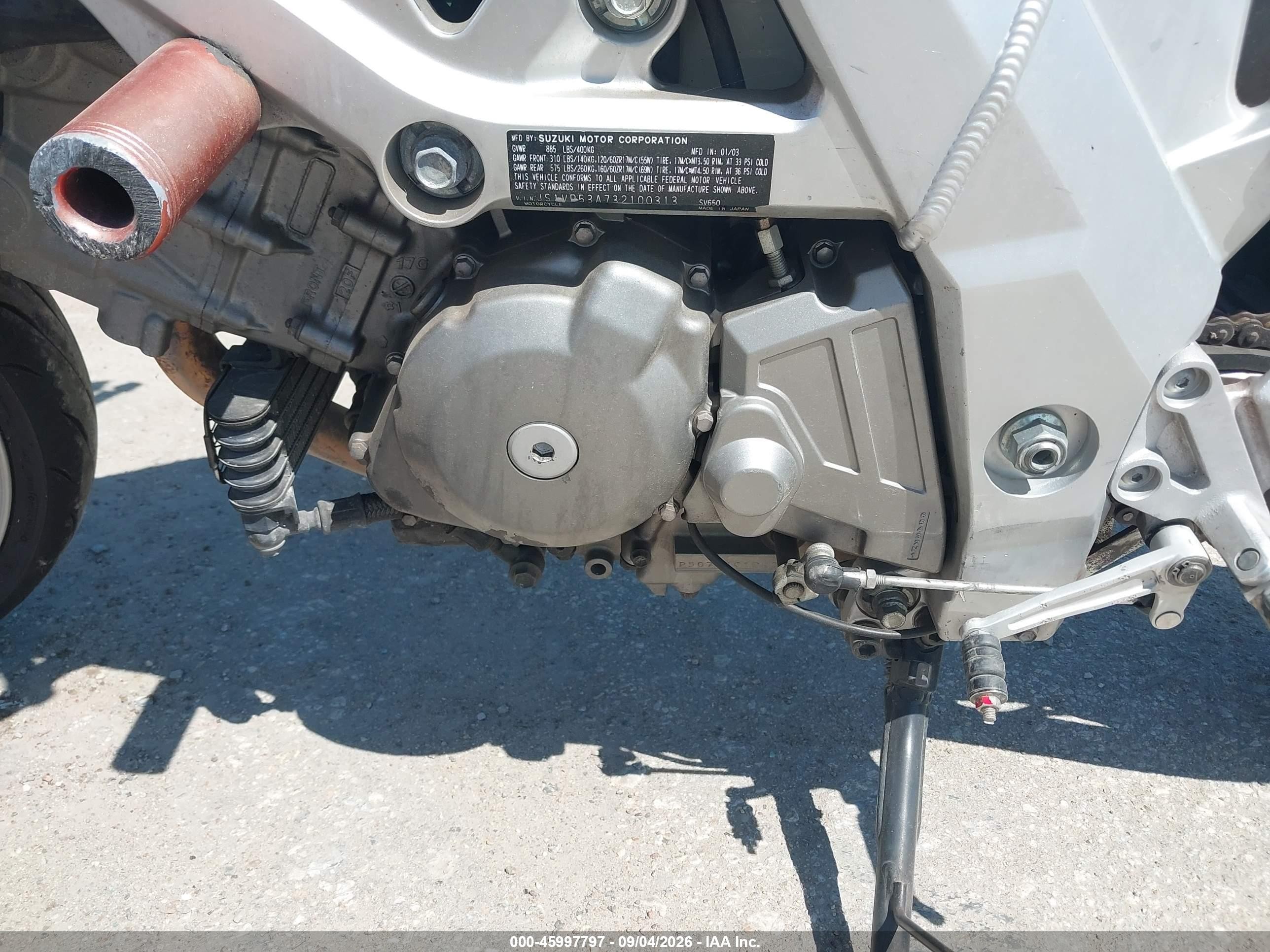 2003 Suzuki SV650 VIN JS1VP53A732100313 IAAI salvage auction — All Over, Salvage (Kansas), sold $200 on 2026-09-23 (photo 9)