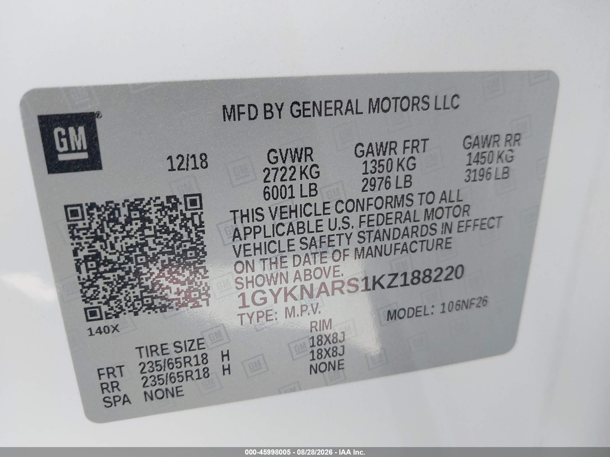 2019 Cadillac Xt5 VIN 1GYKNARS1KZ188220 IAAI salvage auction — Unknown, Salvage Certificate (California), sold $3,300 on 2026-09-11 (photo 9)