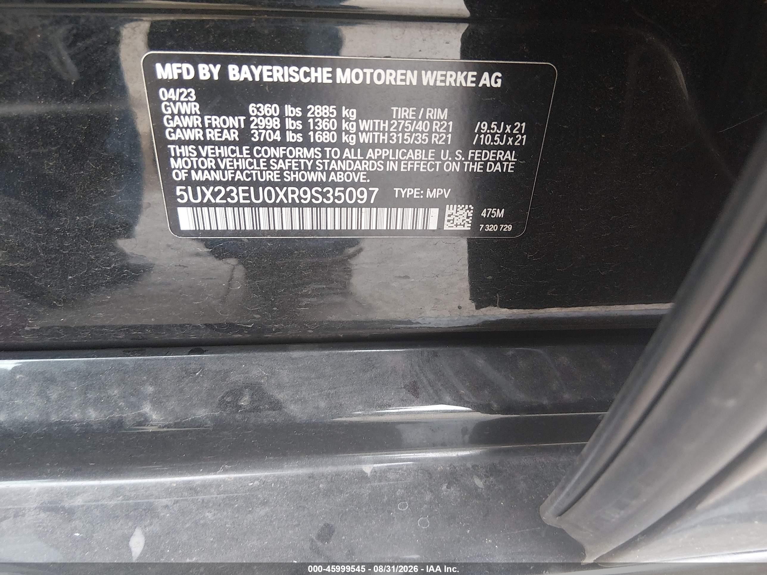 2024 BMW X5 VIN 5UX23EU0XR9S35097 IAAI salvage auction — Front End, Salvage - 75% Or Less (Maryland), sold $22,700 on 2026-09-12 (photo 9)