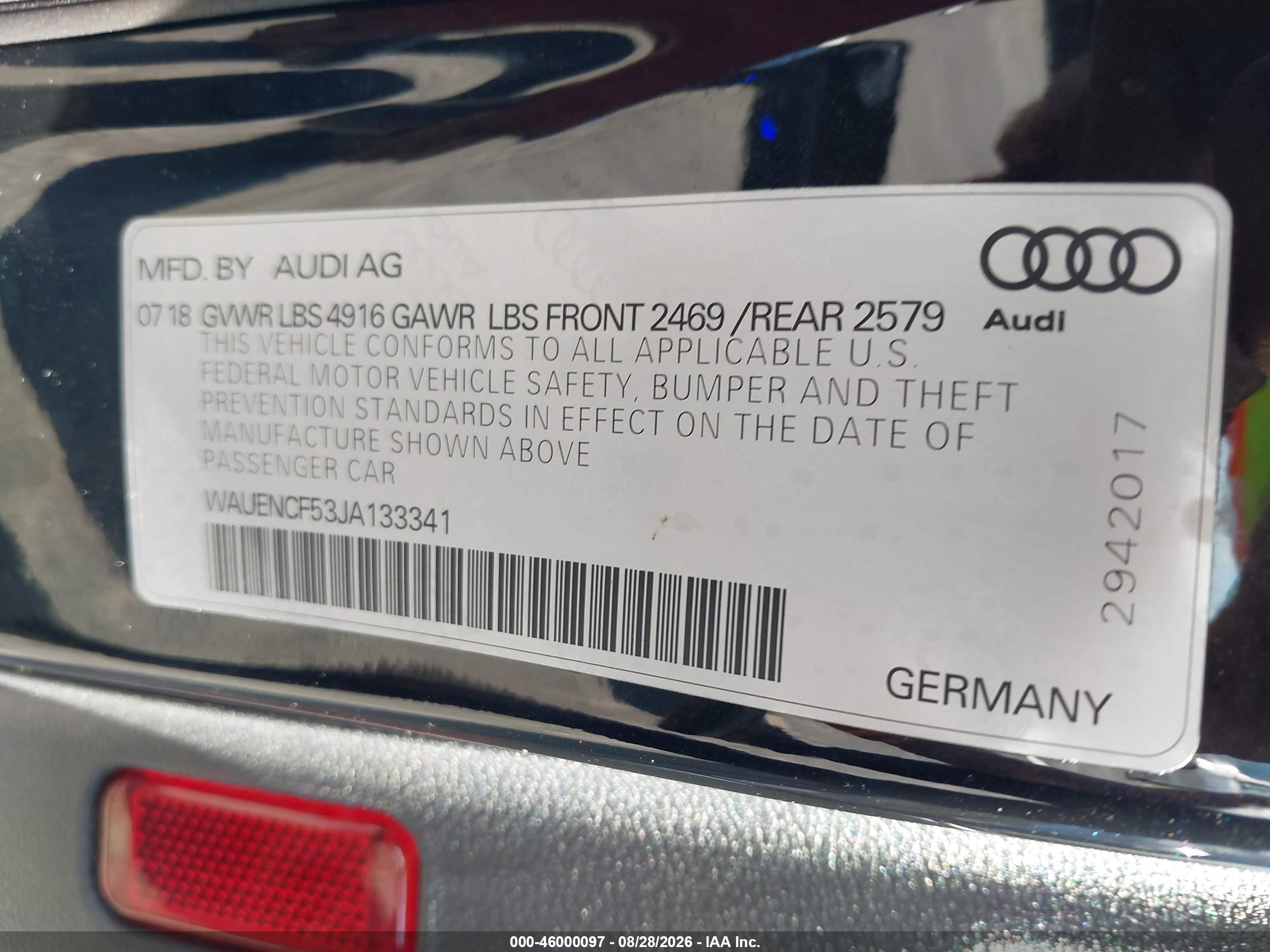 2018 Audi A5 VIN WAUENCF53JA133341 IAAI salvage auction — Rear End, Wait Title, sold $7,500 on 2026-09-20 (photo 9)
