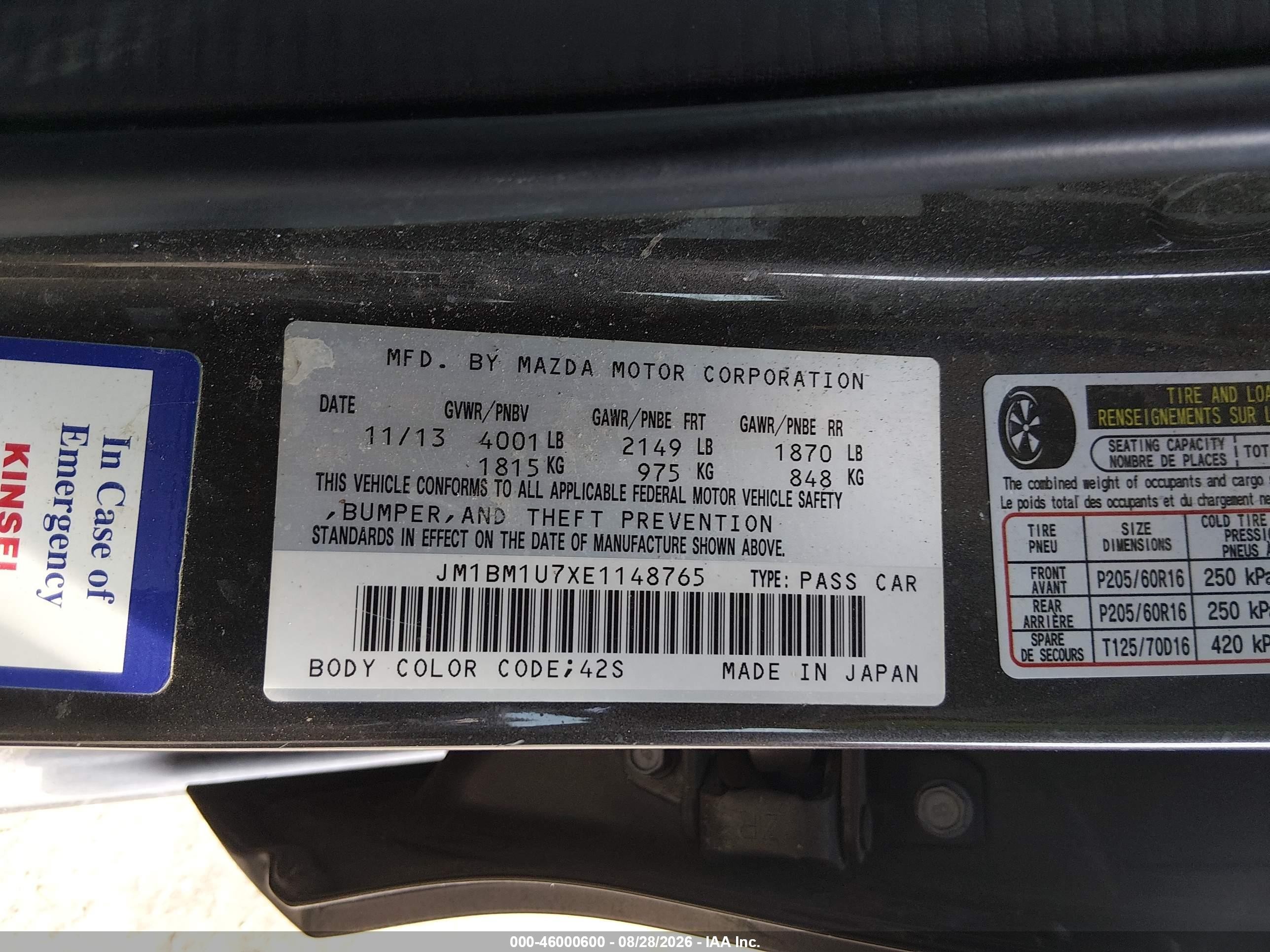 2014 Mazda 3 VIN JM1BM1U7XE1148765 IAAI salvage auction — Front & Rear, Salvage (Texas), sold $1,350 on 2026-10-08 (photo 9)