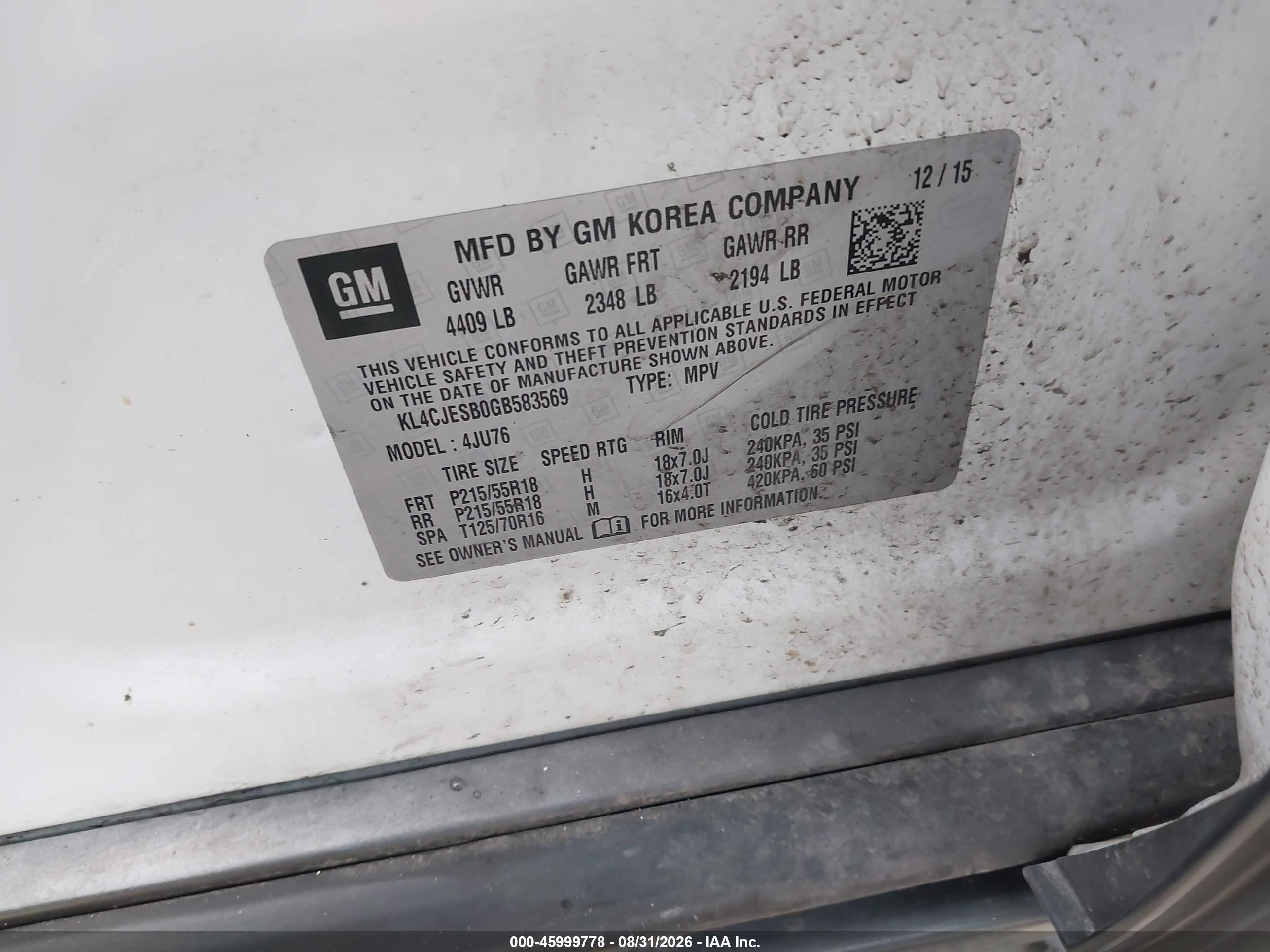 2016 Buick Encore VIN KL4CJESB0GB583569 IAAI salvage auction — Unknown, Salvage (Pennsylvania), sold $675 on 2026-09-25 (photo 9)