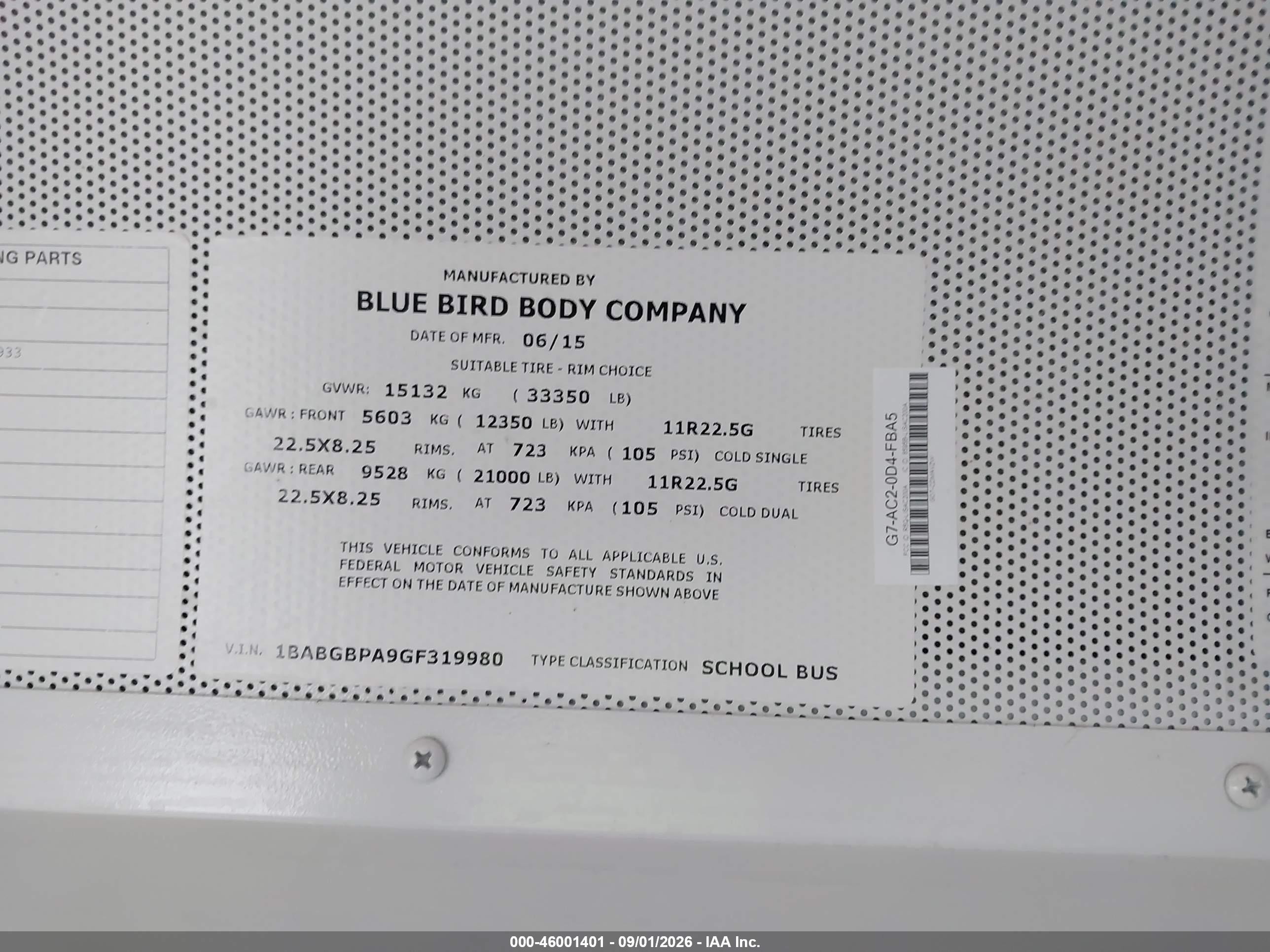 2016 Blue Bird School Bus / Transit Bus VIN 1BABGBPA9GF319980 IAAI salvage auction — Normal Wear, Sf97 (Washington), sold $10,650 on 2026-09-10 (photo 9)