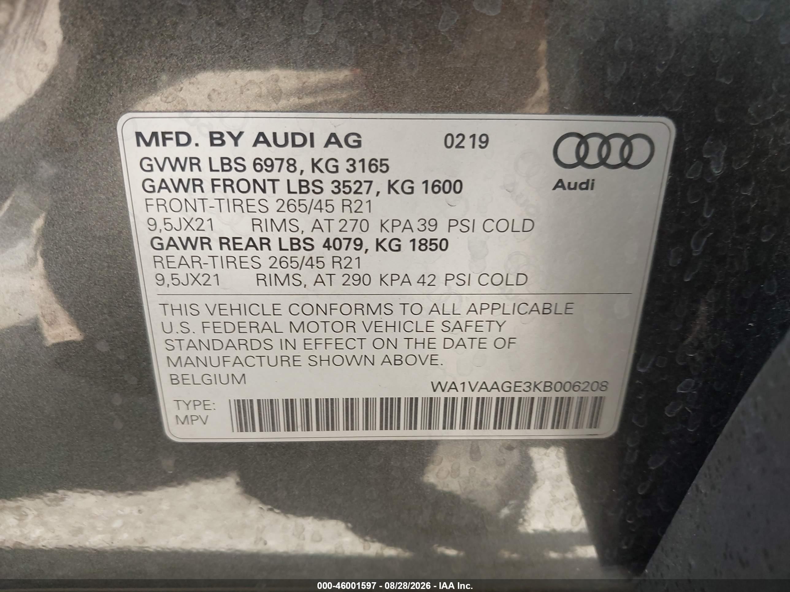 2019 Audi E-tron VIN WA1VAAGE3KB006208 IAAI salvage auction — Side, Salvage (Missouri), sold $13,400 on 2026-10-01 (photo 9)