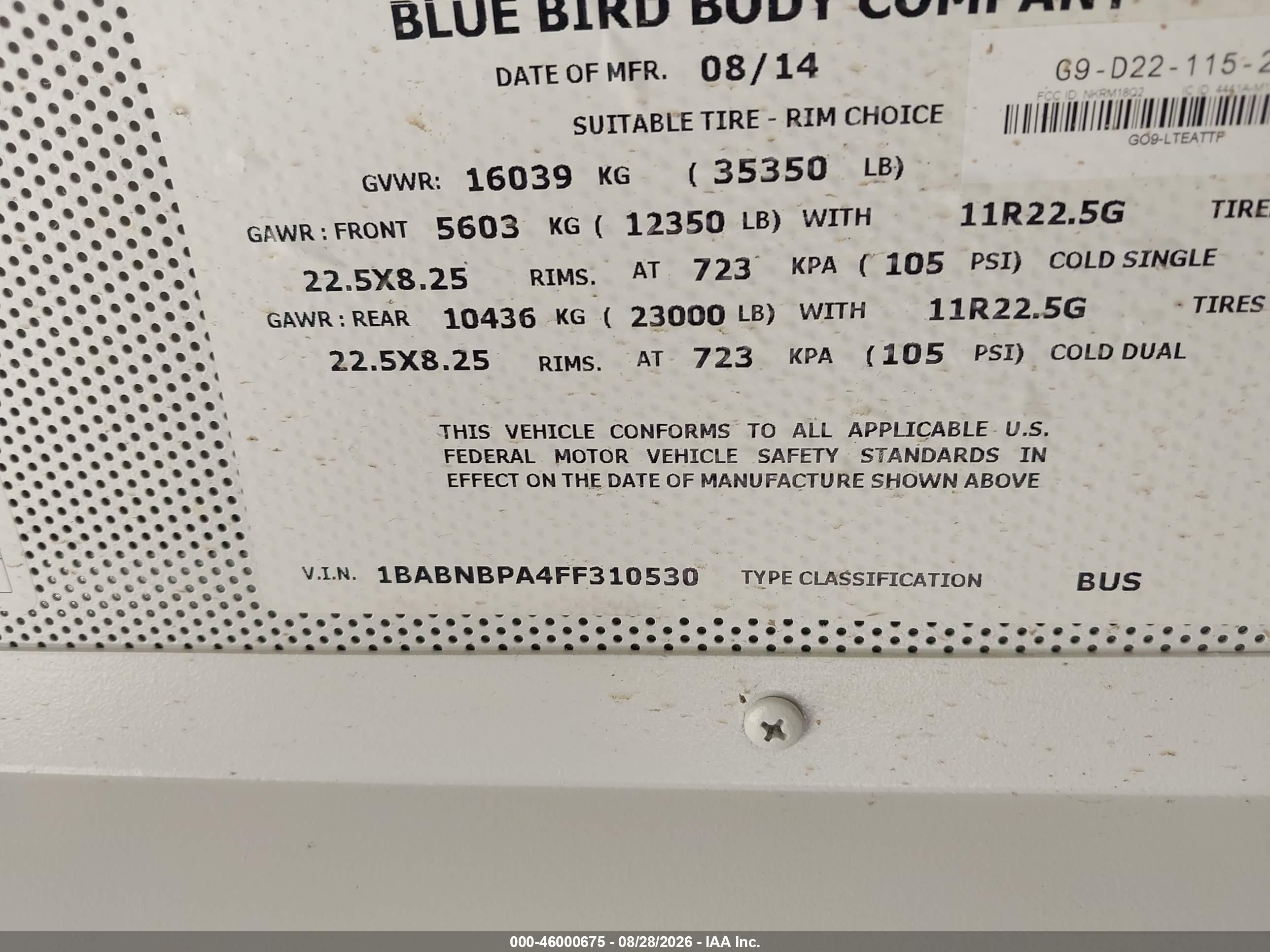 2015 Blue Bird School Bus / Transit Bus VIN 1BABNBPA4FF310530 IAAI salvage auction — Normal Wear, Sf97 (Texas), sold $21,600 on 2026-09-16 (photo 9)
