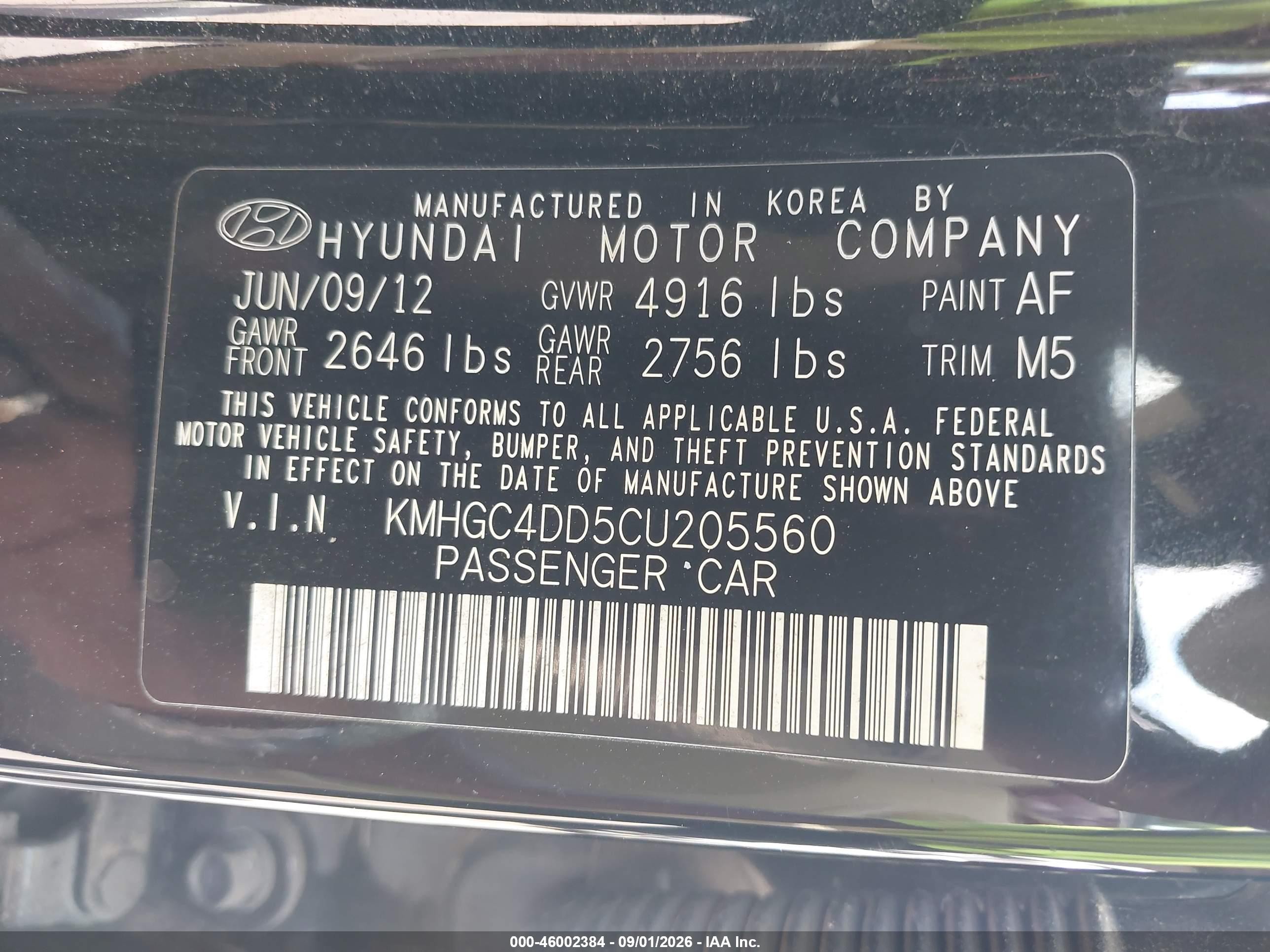 2012 Hyundai Genesis VIN KMHGC4DD5CU205560 IAAI salvage auction — Undercarriage, Clear (Mississippi), sold $1,250 on 2026-09-28 (photo 9)