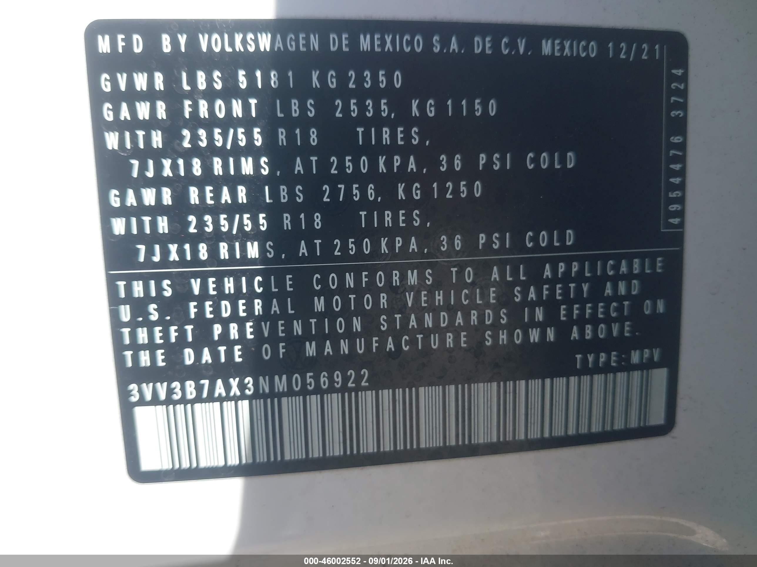 2022 Volkswagen Tiguan VIN 3VV3B7AX3NM056922 IAAI salvage auction — Rear End, Salvage (California), sold $8,100 on 2026-09-24 (photo 9)