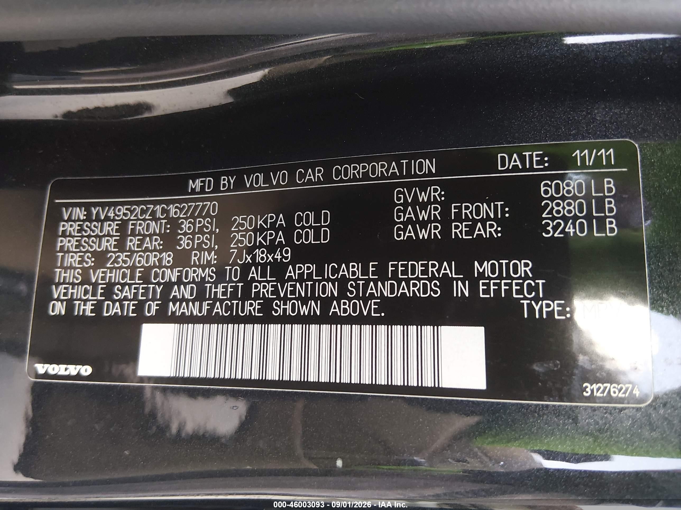 2012 Volvo XC90 VIN YV4952CZ1C1627770 IAAI salvage auction — Unknown, Salvage (Texas), sold $725 on 2026-09-11 (photo 9)