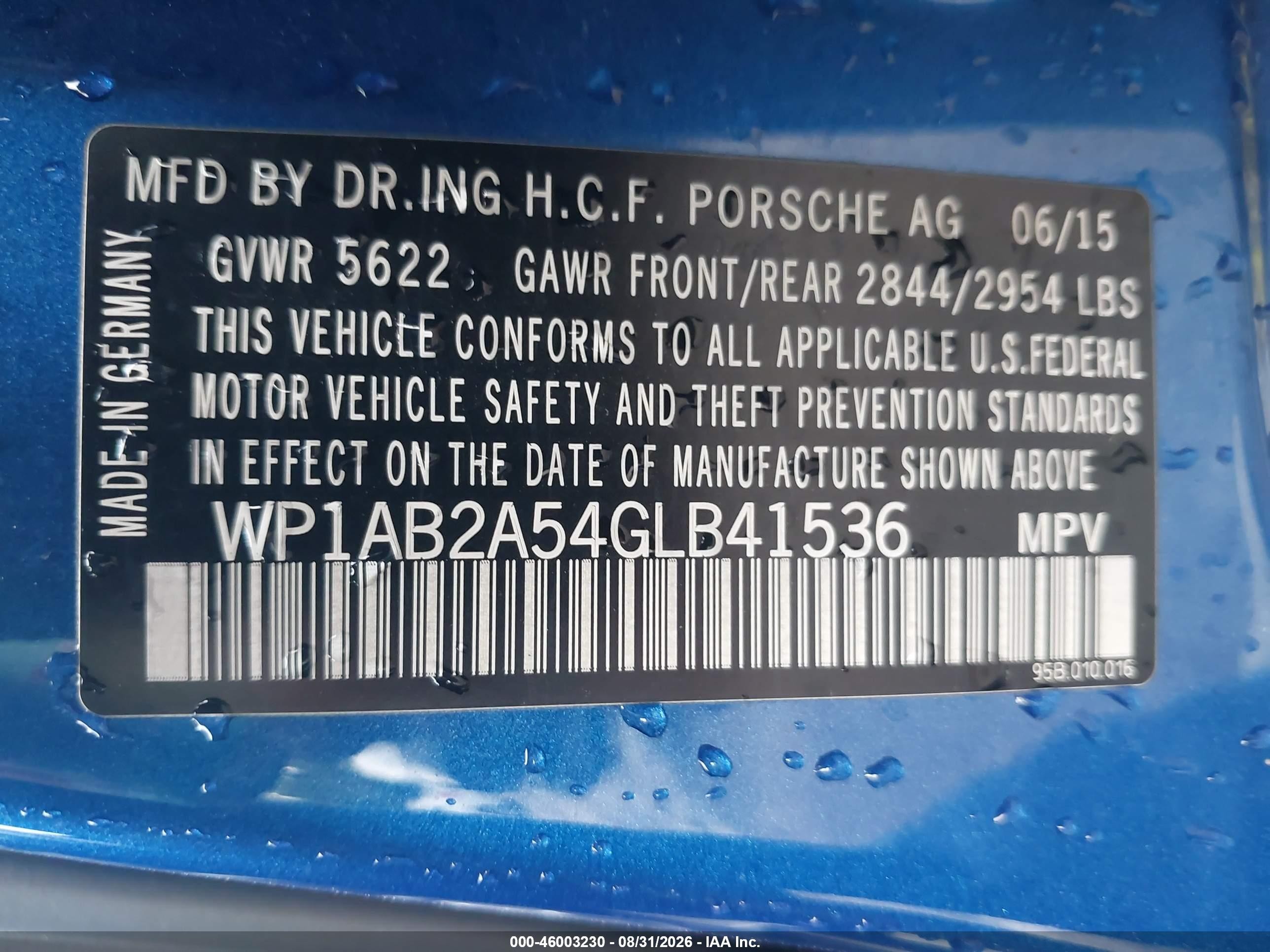 2016 Porsche Macan VIN WP1AB2A54GLB41536 IAAI salvage auction — Rear End, Salvage (Kansas), sold $7,200 on 2026-10-03 (photo 9)