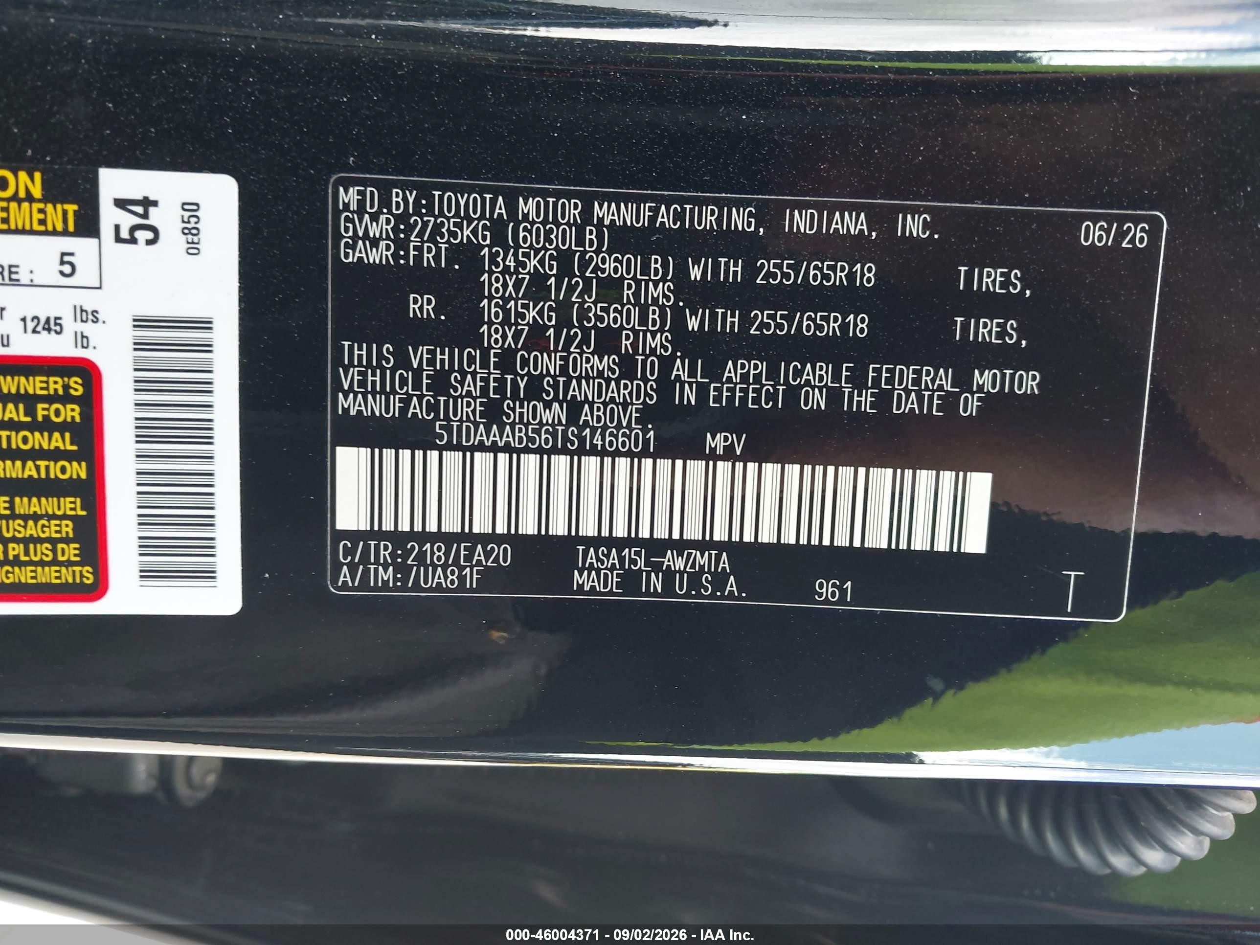 2026 Toyota Highlander VIN 5TDAAAB56TS146601 IAAI salvage auction — Normal Wear, Clear (California), sold $32,250 on 2026-09-11 (photo 9)