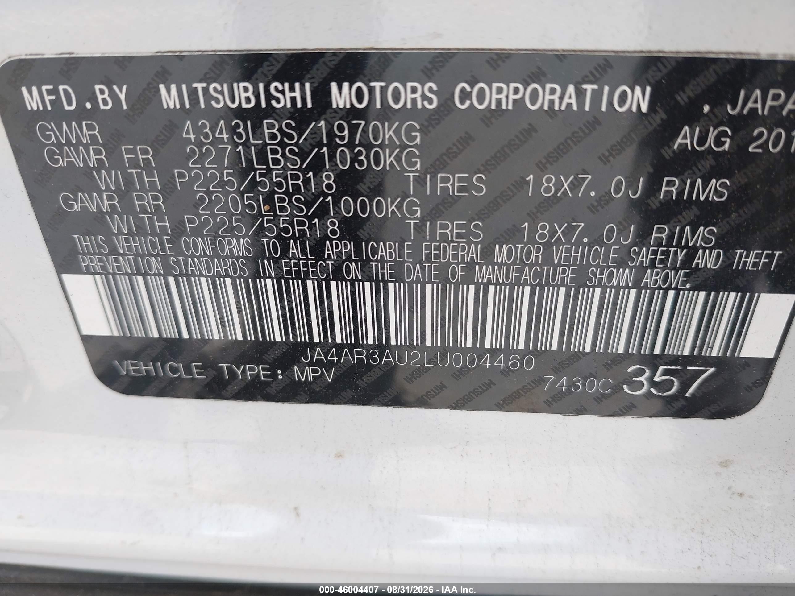2020 Mitsubishi Outlander Sport VIN JA4AR3AU2LU004460 IAAI salvage auction — Unknown, Salvage (Connecticut), sold $3,350 on 2026-09-25 (photo 9)
