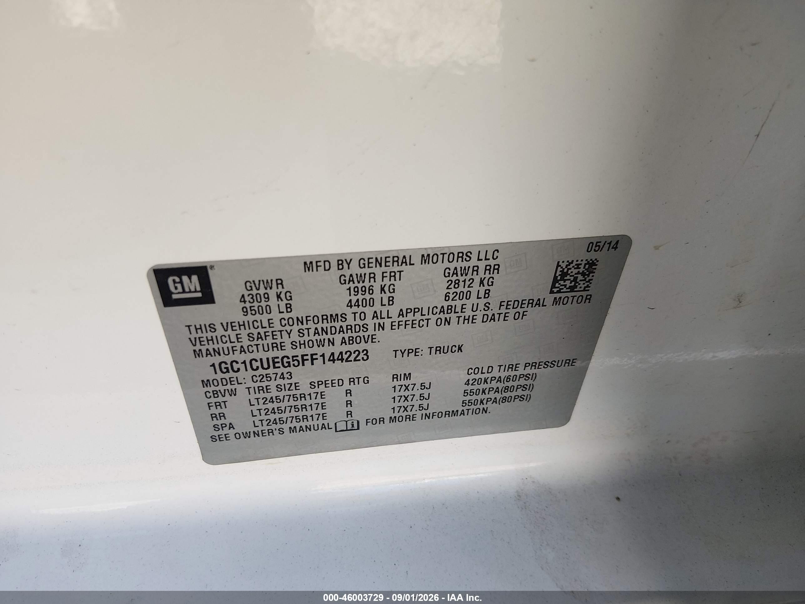 2015 Chevrolet Silverado VIN 1GC1CUEG5FF144223 IAAI salvage auction — Rear End, Salvage (California), sold $3,950 on 2026-09-13 (photo 9)