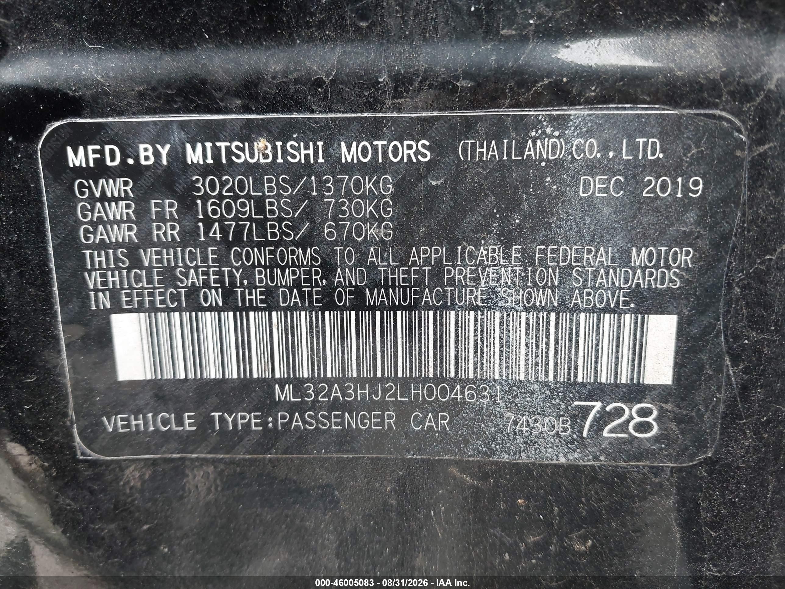 2020 Mitsubishi Mirage VIN ML32A3HJ2LH004631 IAAI salvage auction — Front & Rear, Mv-907A (New York), sold $1,900 on 2026-09-14 (photo 9)