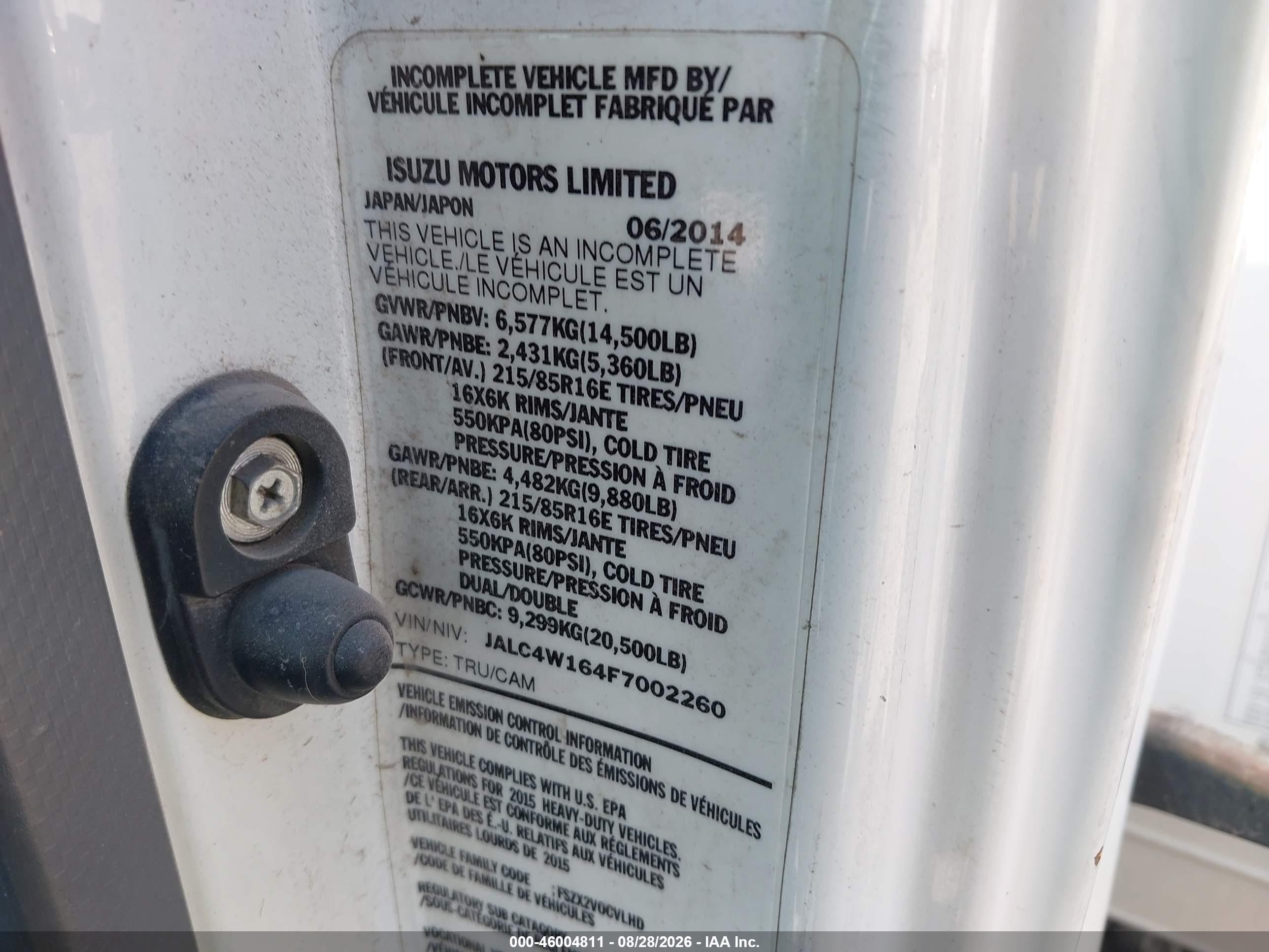 2015 Isuzu NPR VIN JALC4W164F7002260 IAAI salvage auction — Front End, Salvage (Texas), sold $4,300 on 2026-09-18 (photo 8)