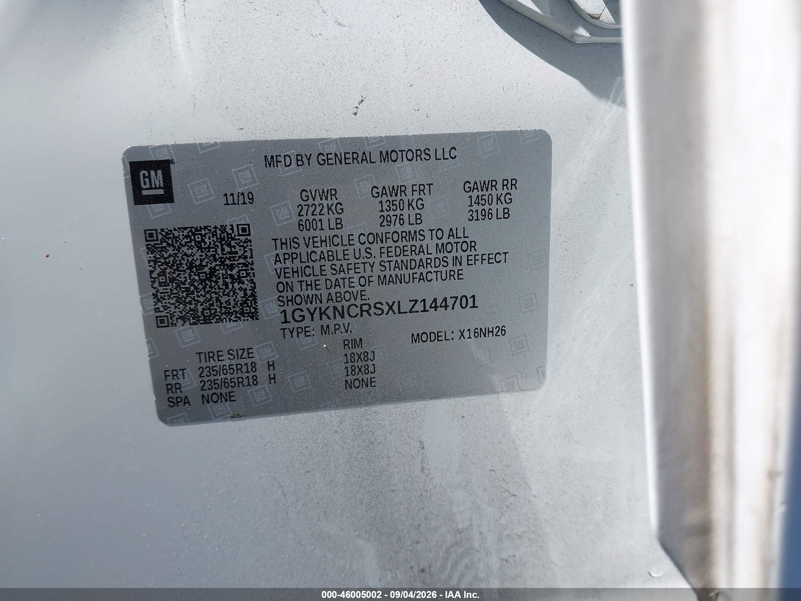 2020 Cadillac XT5 VIN 1GYKNCRSXLZ144701 IAAI salvage auction — Unknown, Salvage Certificate (California), sold $6,400 on 2026-09-19 (photo 9)