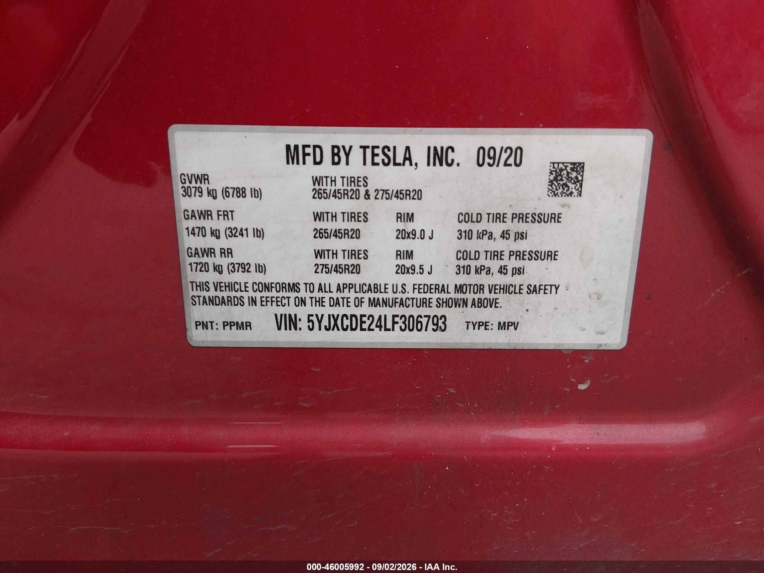 2020 Tesla Model x VIN 5YJXCDE24LF306793 IAAI salvage auction — Rear End, Salvage - Greater Than 75% (Maryland), sold $12,100 on 2026-09-18 (photo 9)