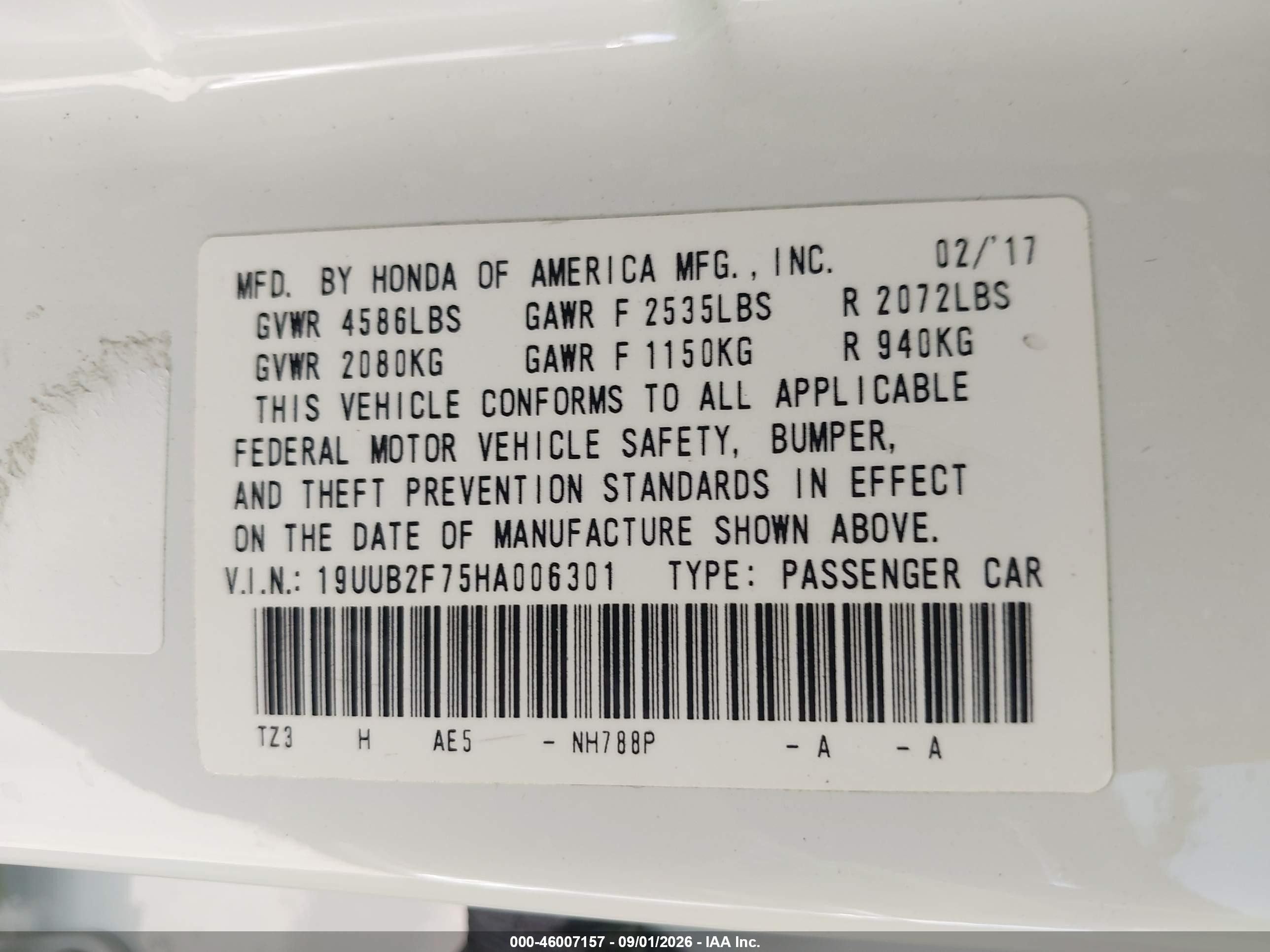 2017 Acura Tlx VIN 19UUB2F75HA006301 IAAI salvage auction — Front End, Salvage (Arizona), sold $3,450 on 2026-09-05 (photo 9)