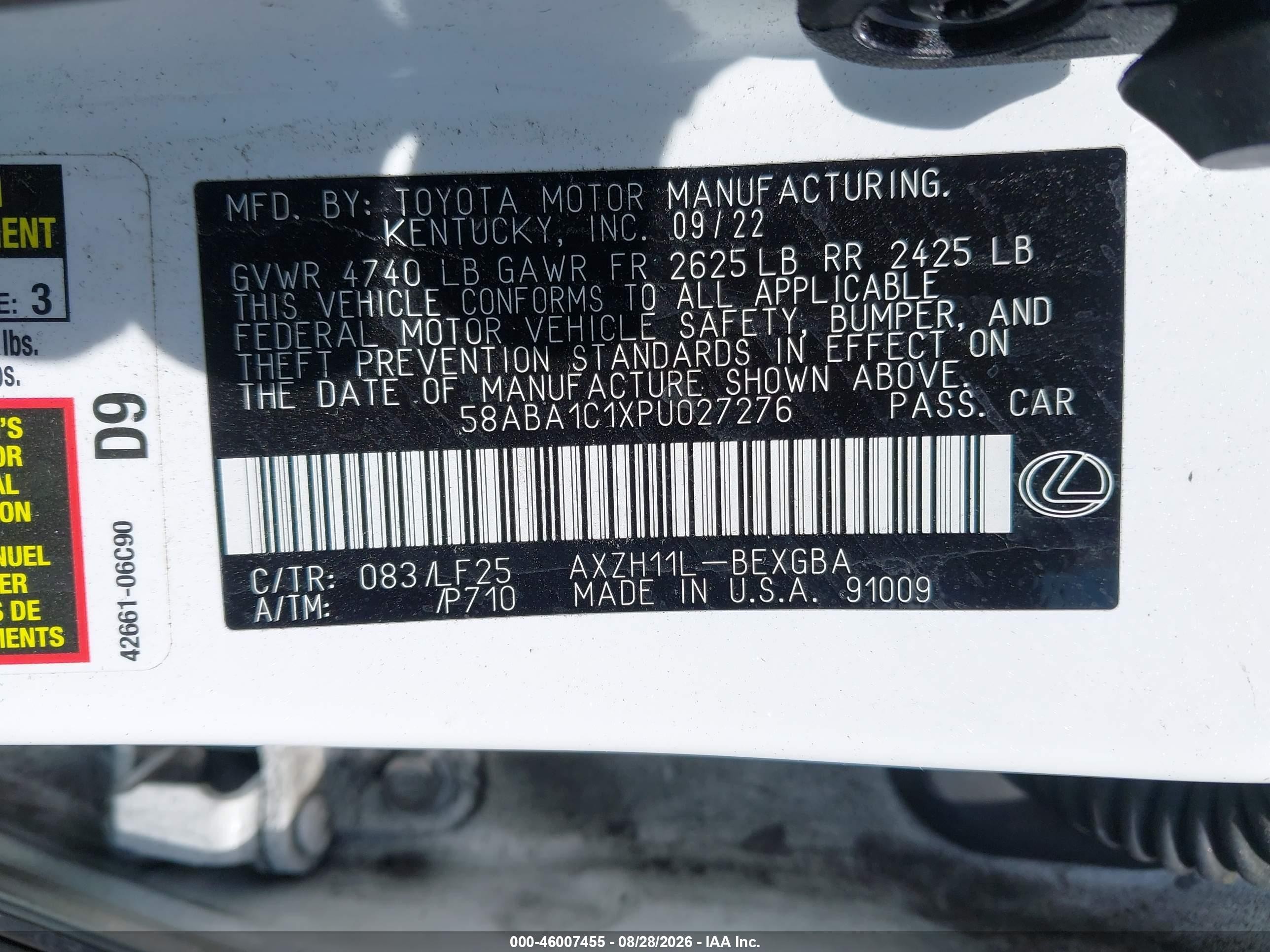 2023 Lexus ES 300h VIN 58ABA1C1XPU027276 IAAI salvage auction — Front End, Salvage (California), sold $18,400 on 2026-09-13 (photo 9)