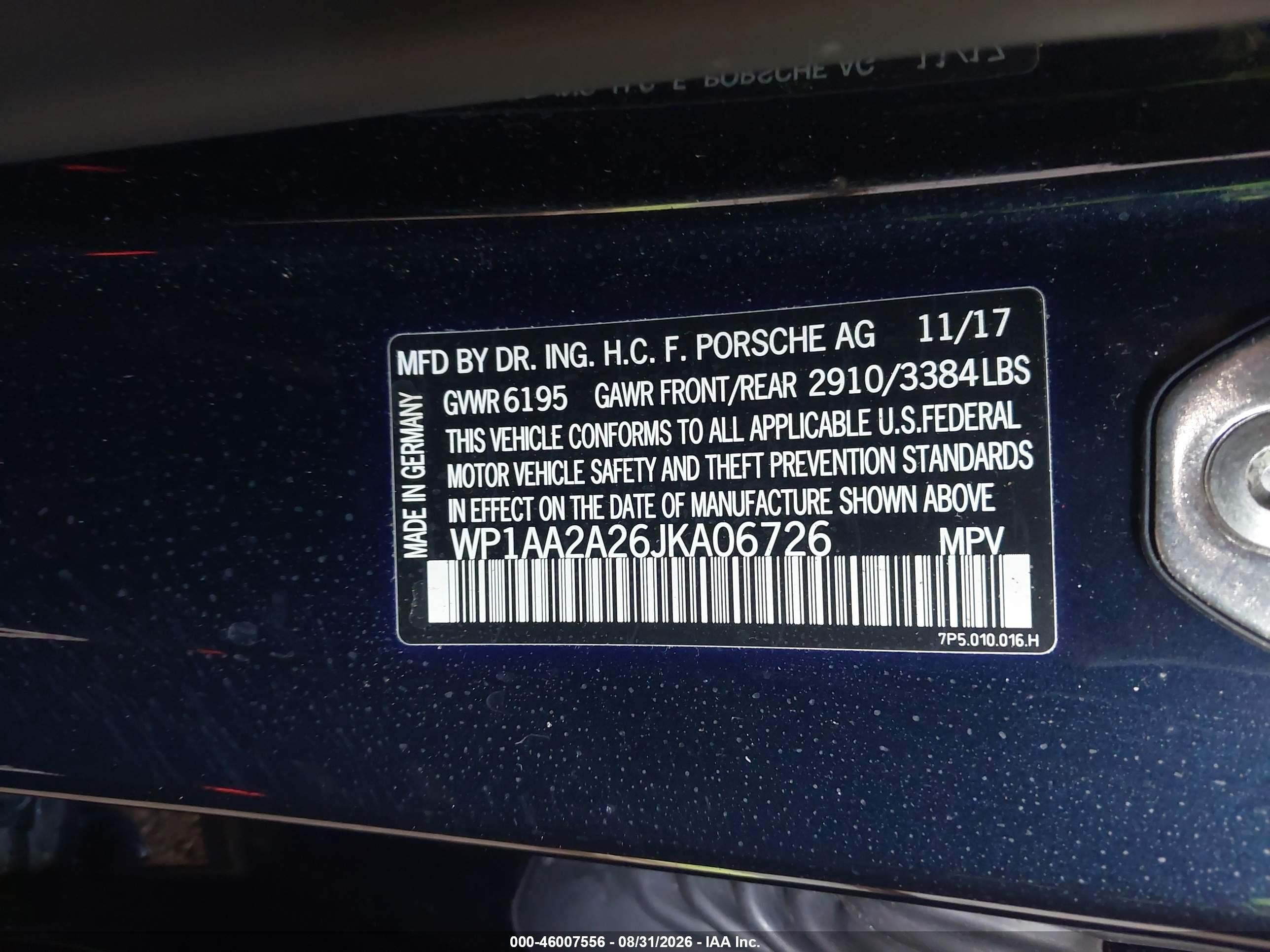 2018 Porsche Cayenne VIN WP1AA2A26JKA06726 IAAI salvage auction — Rear End, Salvage (Georgia), sold $7,600 on 2026-10-12 (photo 9)
