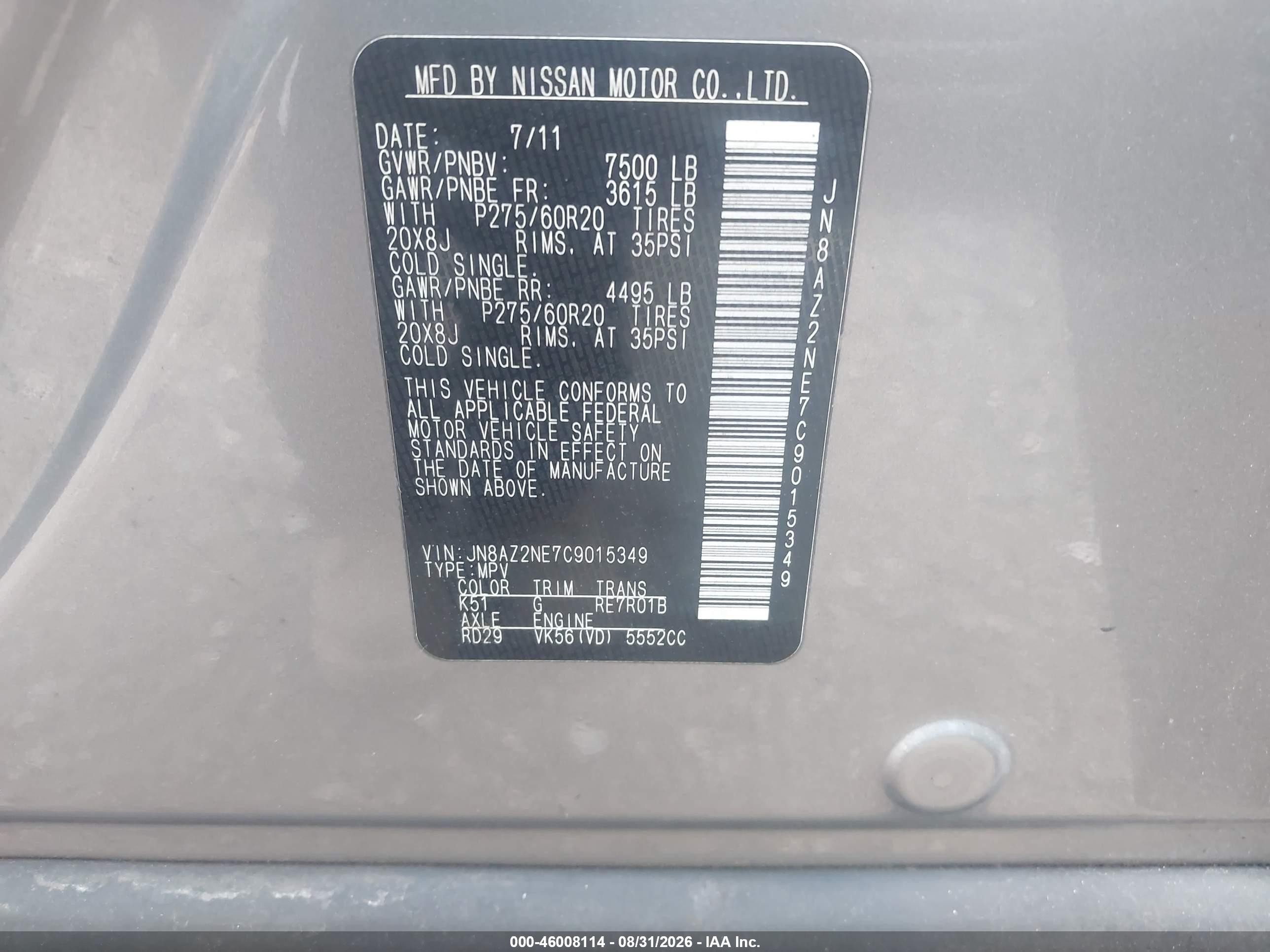2012 Infiniti Qx56 VIN JN8AZ2NE7C9015349 IAAI salvage auction — Normal Wear, Clear (Alabama), sold $650 on 2026-09-18 (photo 9)