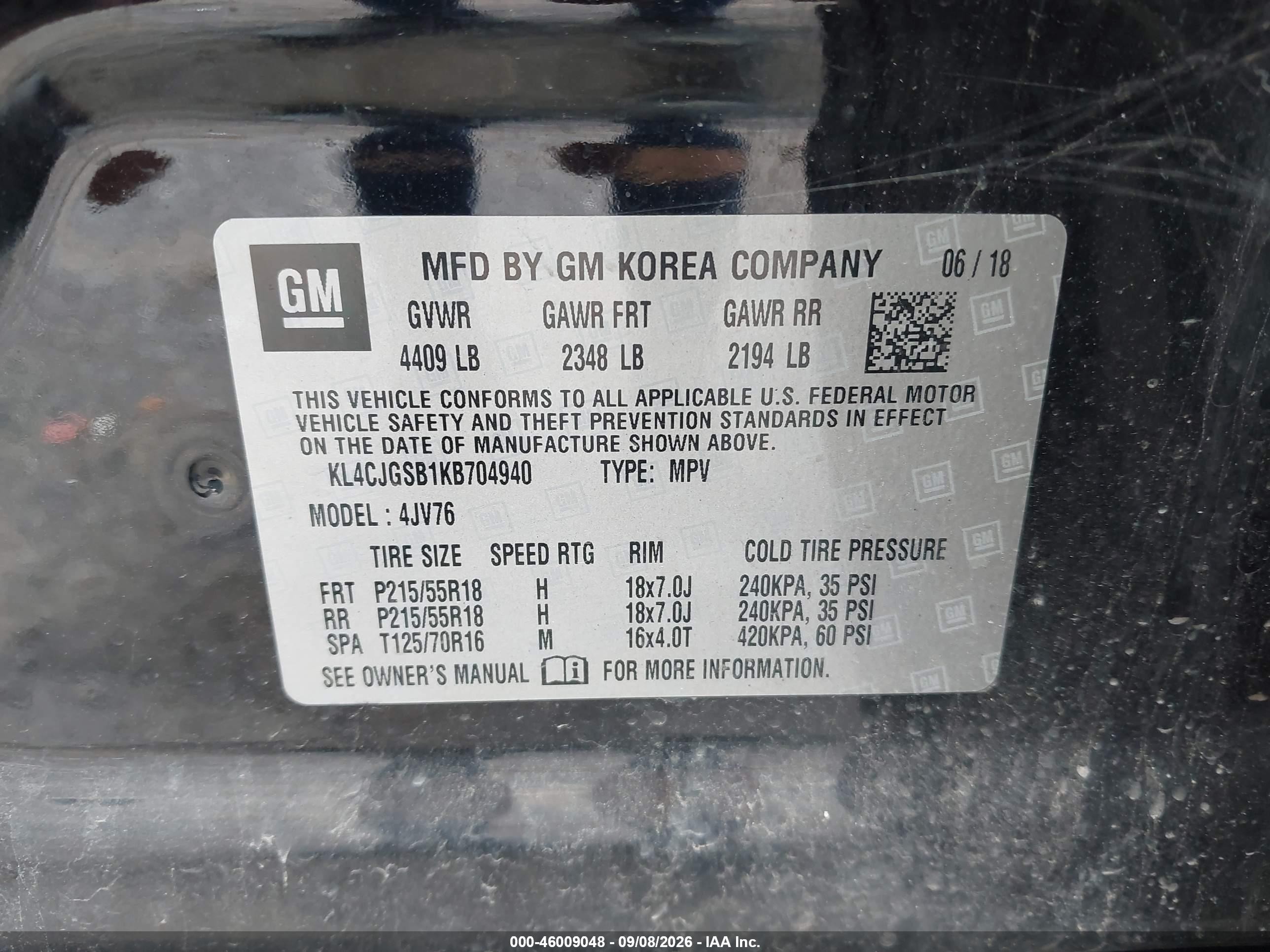 2019 Buick Encore VIN KL4CJGSB1KB704940 IAAI salvage auction — Storm Damage, Salvage (Pennsylvania), sold $1,900 on 2026-09-21 (photo 9)