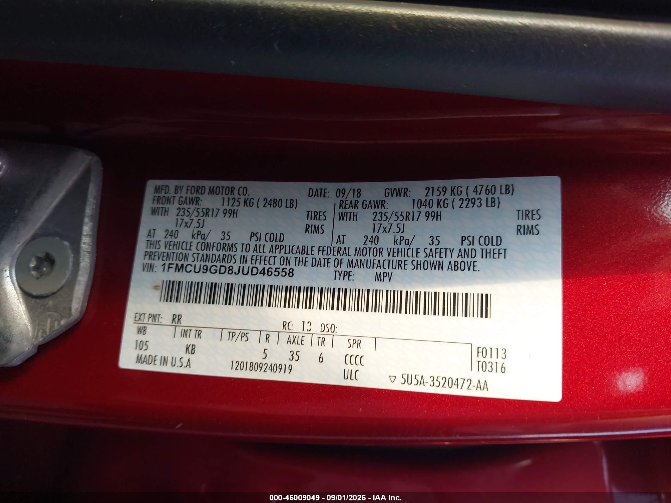 2018 Ford Escape VIN 1FMCU9GD8JUD46558 IAAI salvage auction — Side, Mv-907A (New York), sold $1,350 on 2026-09-13 (photo 9)