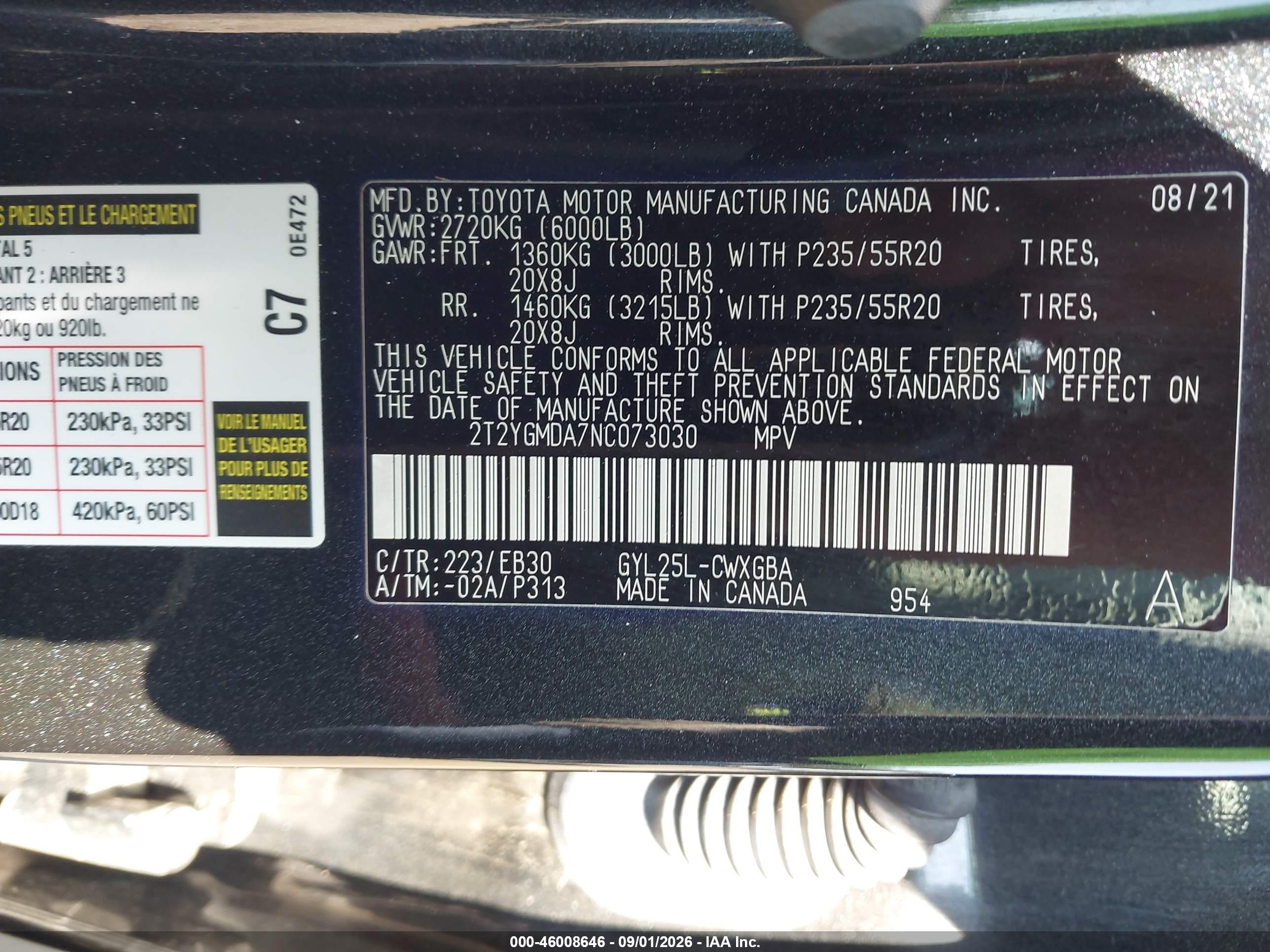 2022 Lexus Rx VIN 2T2YGMDA7NC073030 IAAI salvage auction — Unknown, Clear (South Carolina), sold $19,600 on 2026-09-19 (photo 9)