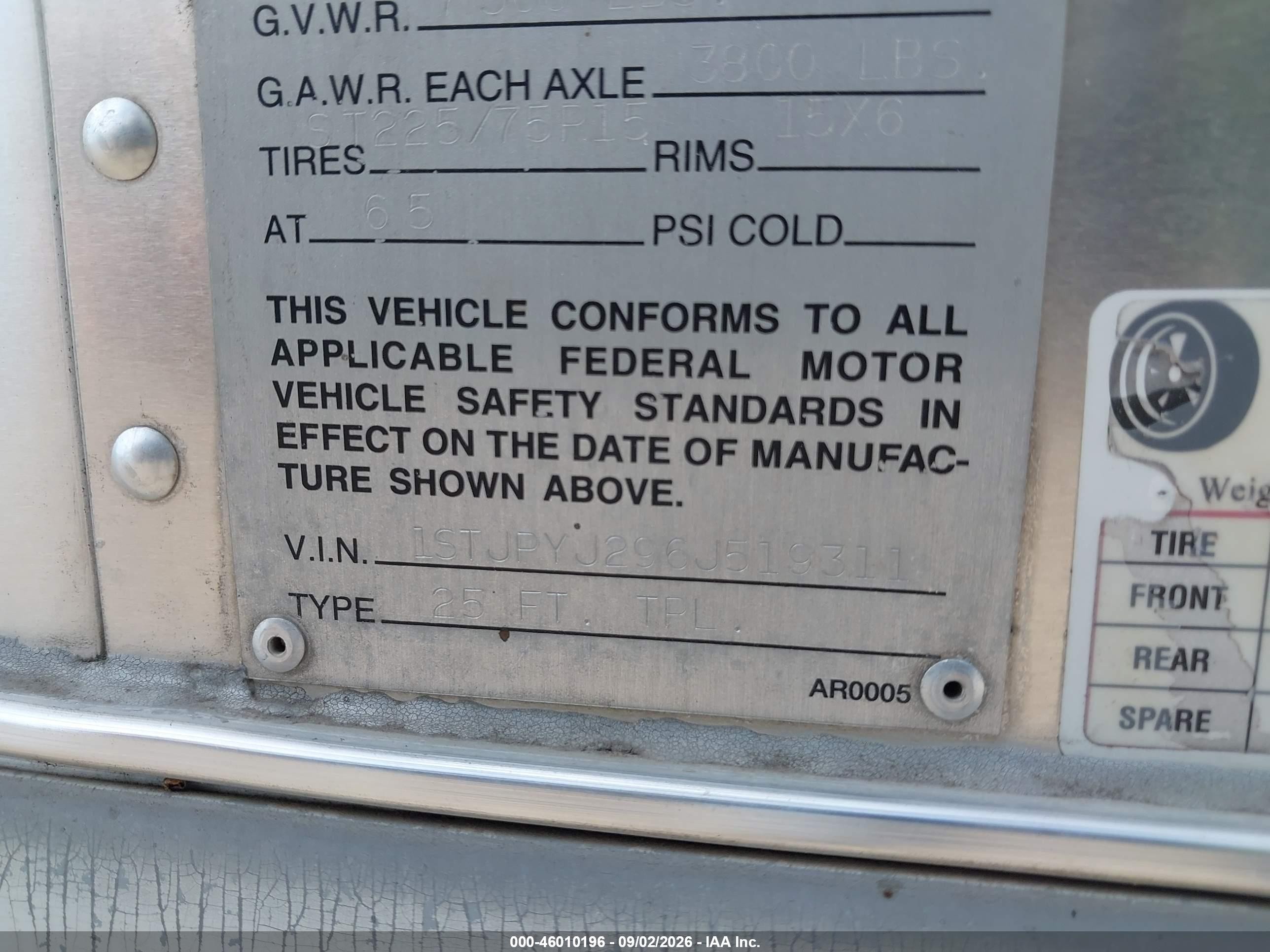 2006 Airstream Other VIN 1STJPYJ296J519311 IAAI salvage auction — Hail, Clear (North Dakota), sold $10,850 on 2026-10-07 (photo 9)