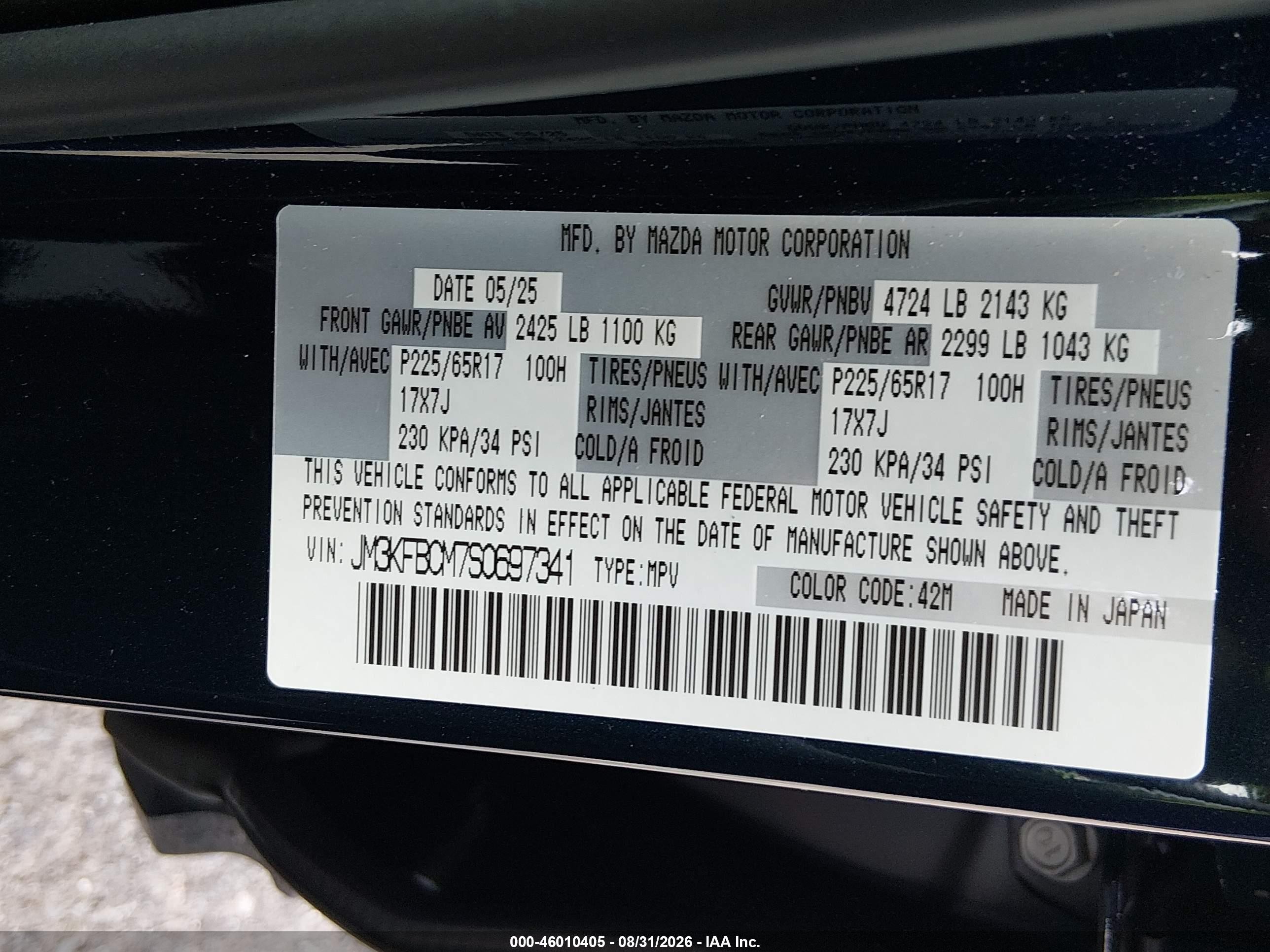2025 Mazda Cx-5 VIN JM3KFBCM7S0697341 IAAI salvage auction — Front End, Rebuildable (Florida), sold $9,600 on 2026-09-18 (photo 9)