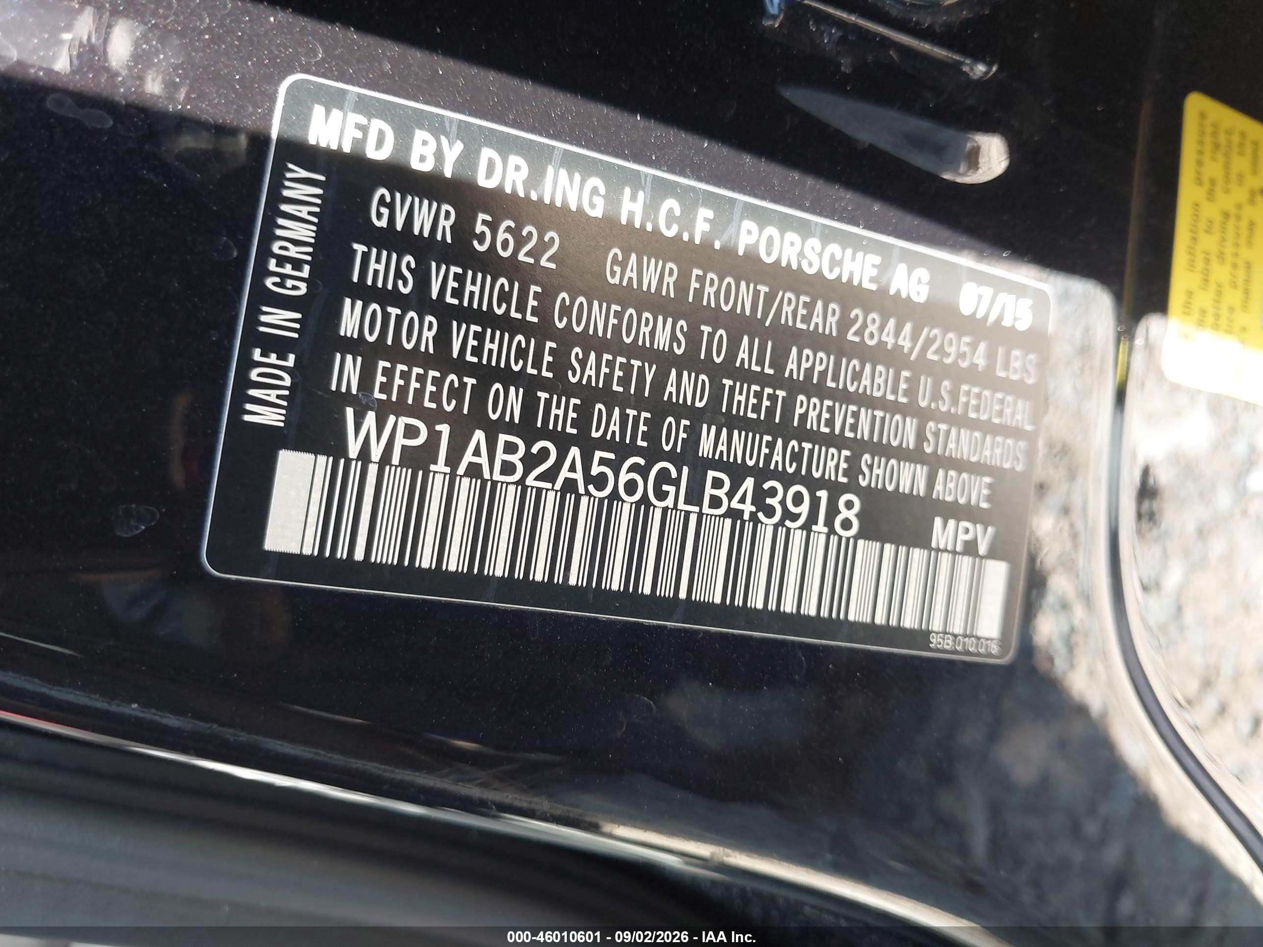 2016 Porsche Macan VIN WP1AB2A56GLB43918 IAAI salvage auction — Front End, Salvage (North Carolina), sold $6,300 on 2026-09-14 (photo 9)
