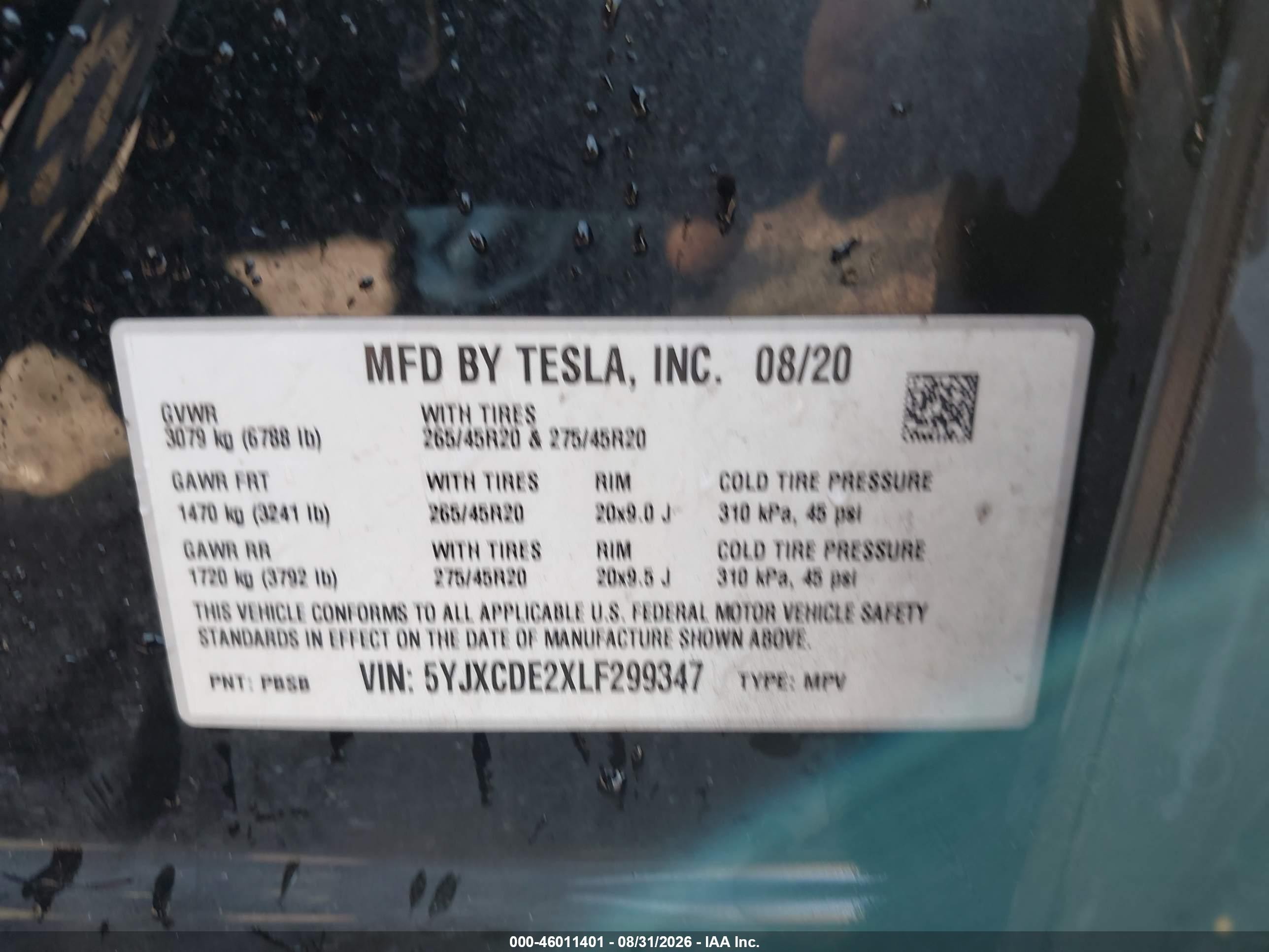 2020 Tesla Model x VIN 5YJXCDE2XLF299347 IAAI salvage auction — Front End, Salvage (Indiana), sold $11,300 on 2026-10-01 (photo 9)