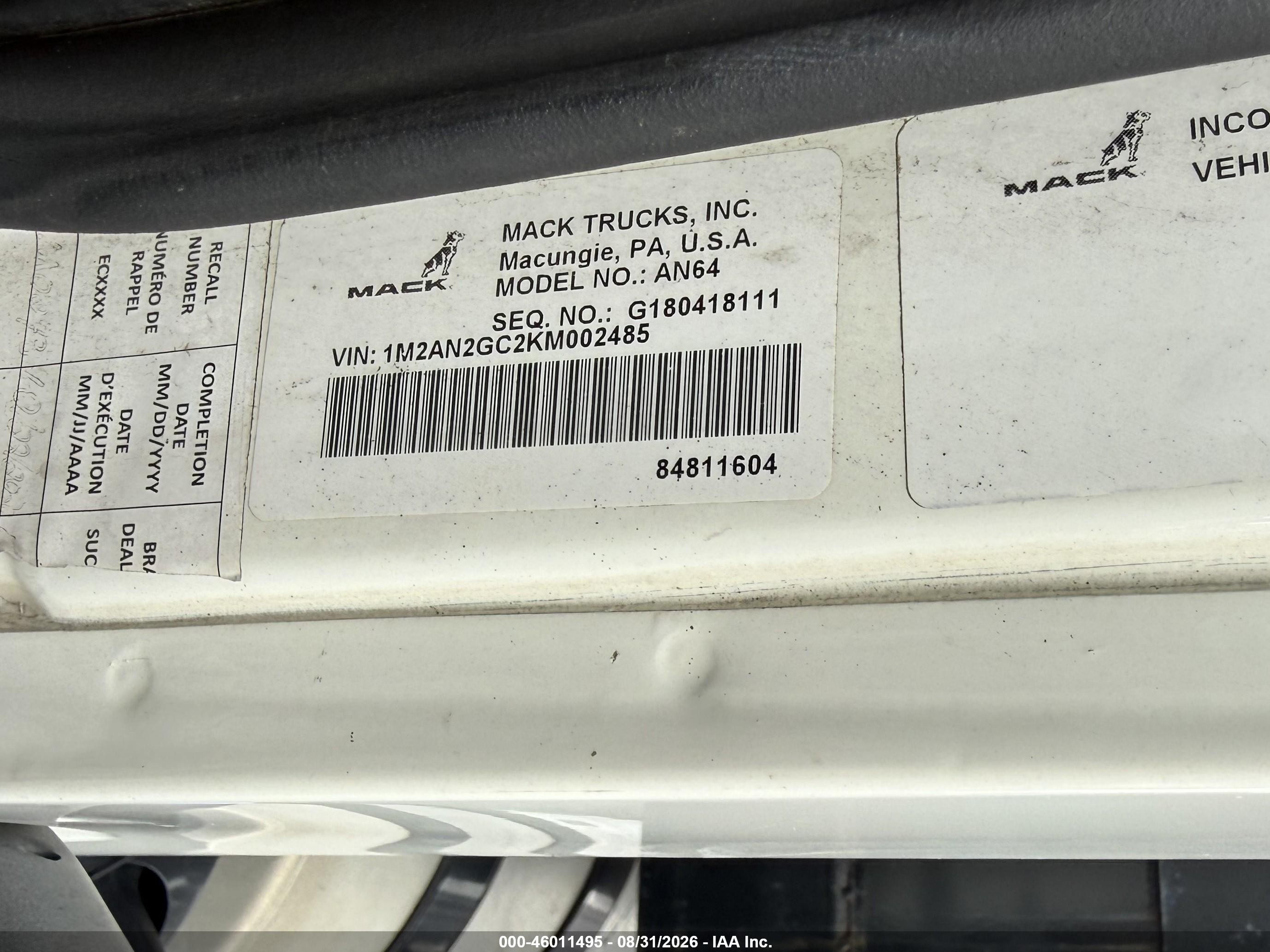 2019 Mack Anthem VIN 1M2AN2GC2KM002485 IAAI salvage auction — Normal Wear, Clear (New Jersey), sold $59,950 on 2026-09-18 (photo 9)