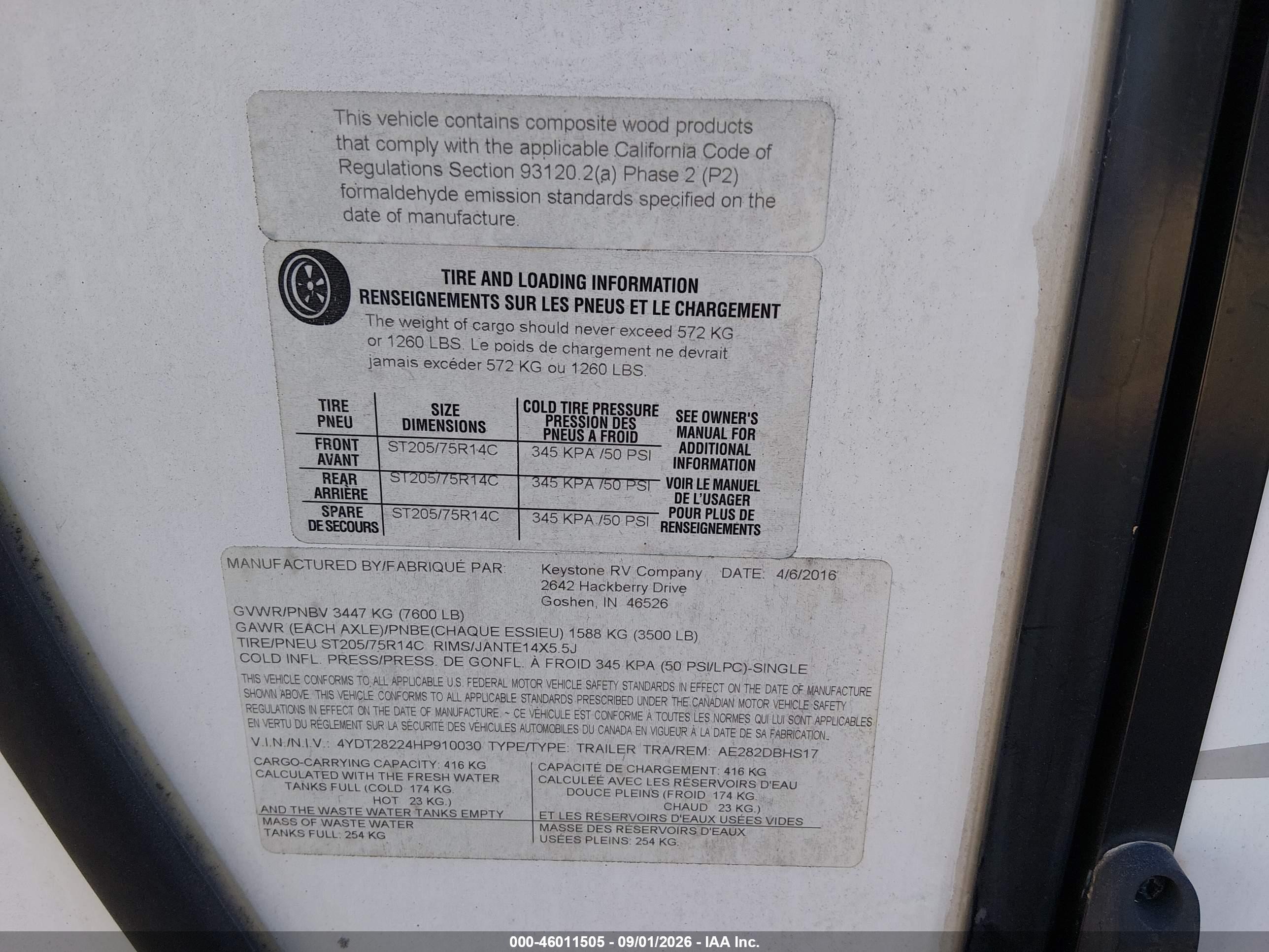 2017 Keystone Rv Aer VIN 4YDT28224HP910030 IAAI salvage auction — Front End, Clear (Tennessee), sold $350 on 2026-09-10 (photo 9)