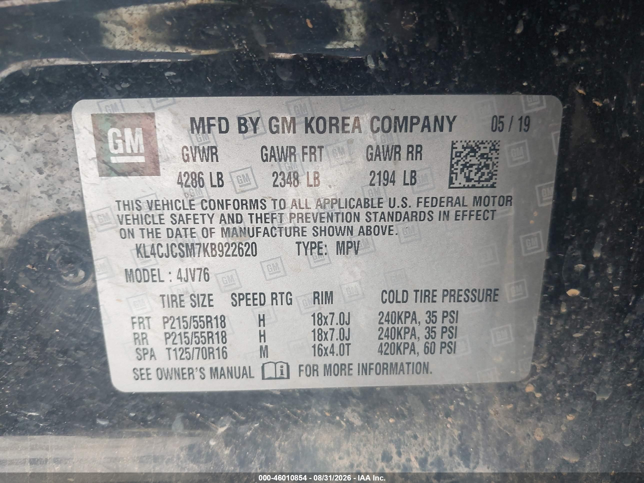 2019 Buick Encore VIN KL4CJCSM7KB922620 IAAI salvage auction — Unknown, Salvage (Arkansas), sold $2,200 on 2026-09-18 (photo 9)