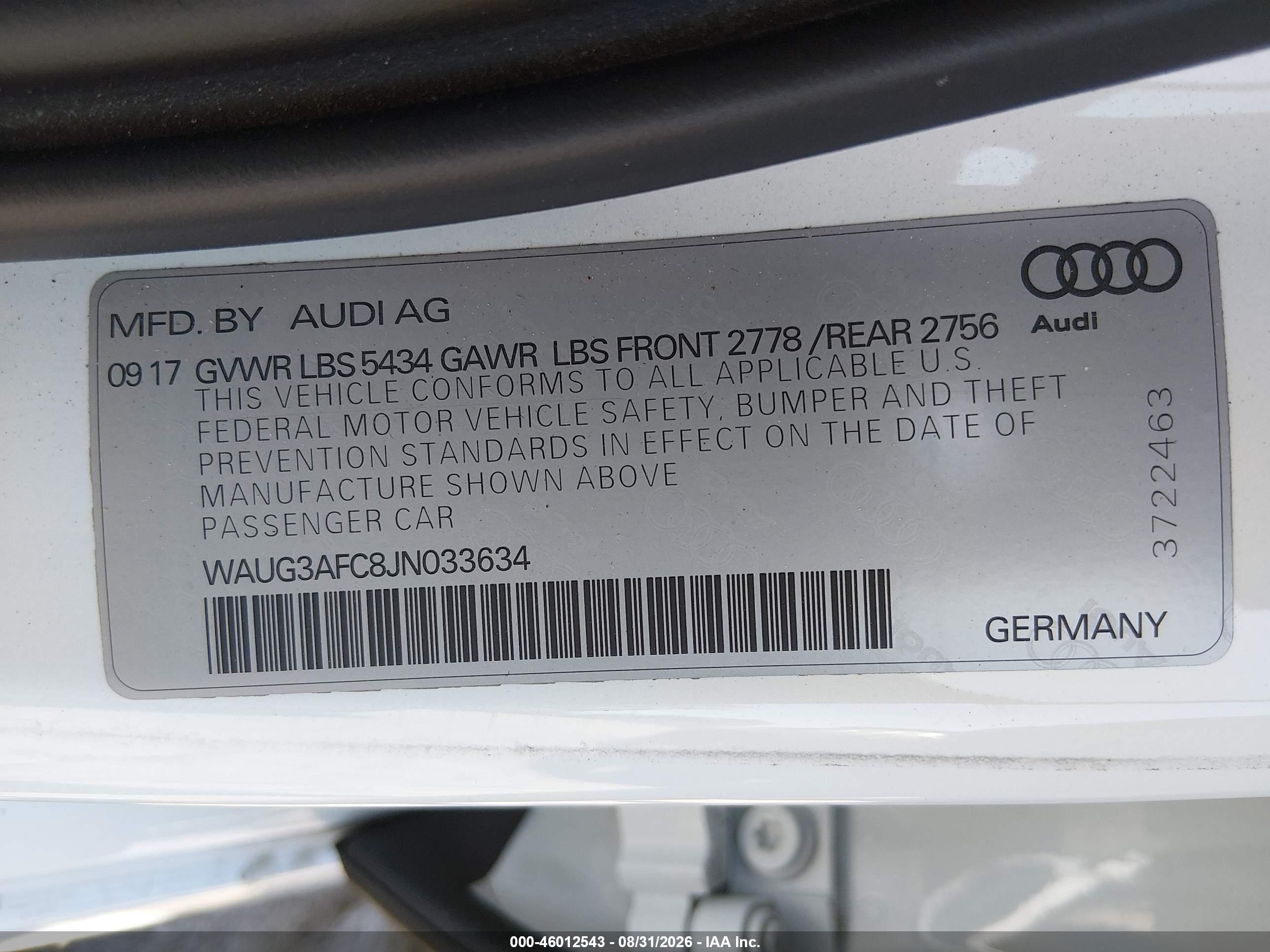 2018 Audi A6 VIN WAUG3AFC8JN033634 IAAI salvage auction — Side, Salvage (California), sold $5,000 on 2026-09-07 (photo 9)