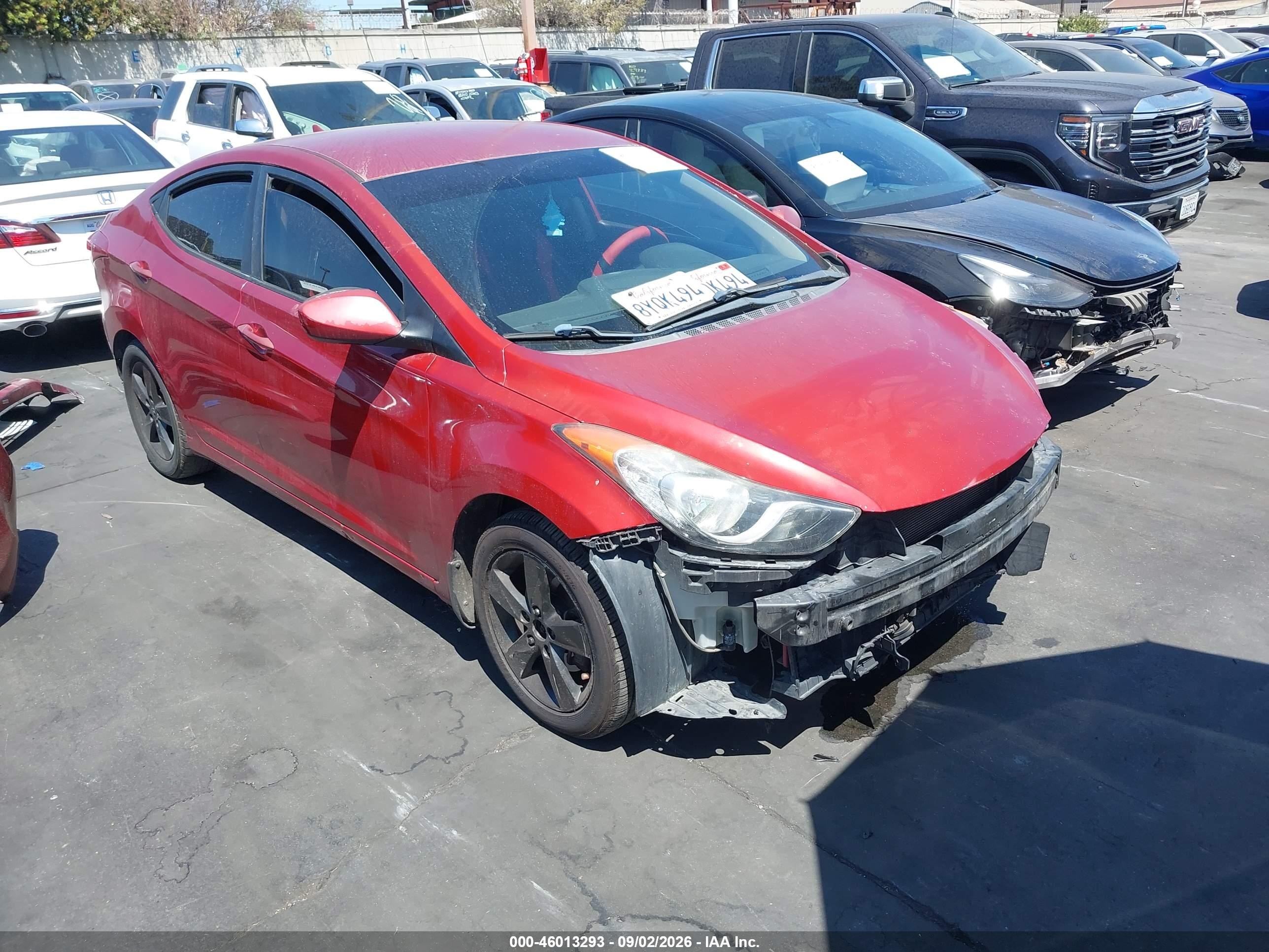 2013 Hyundai Elantra VIN KMHDH4AE0DU590724 IAAI salvage auction — Front End, Salvage Certificate (California), sold $1,100 on 2026-09-13 (photo 1)