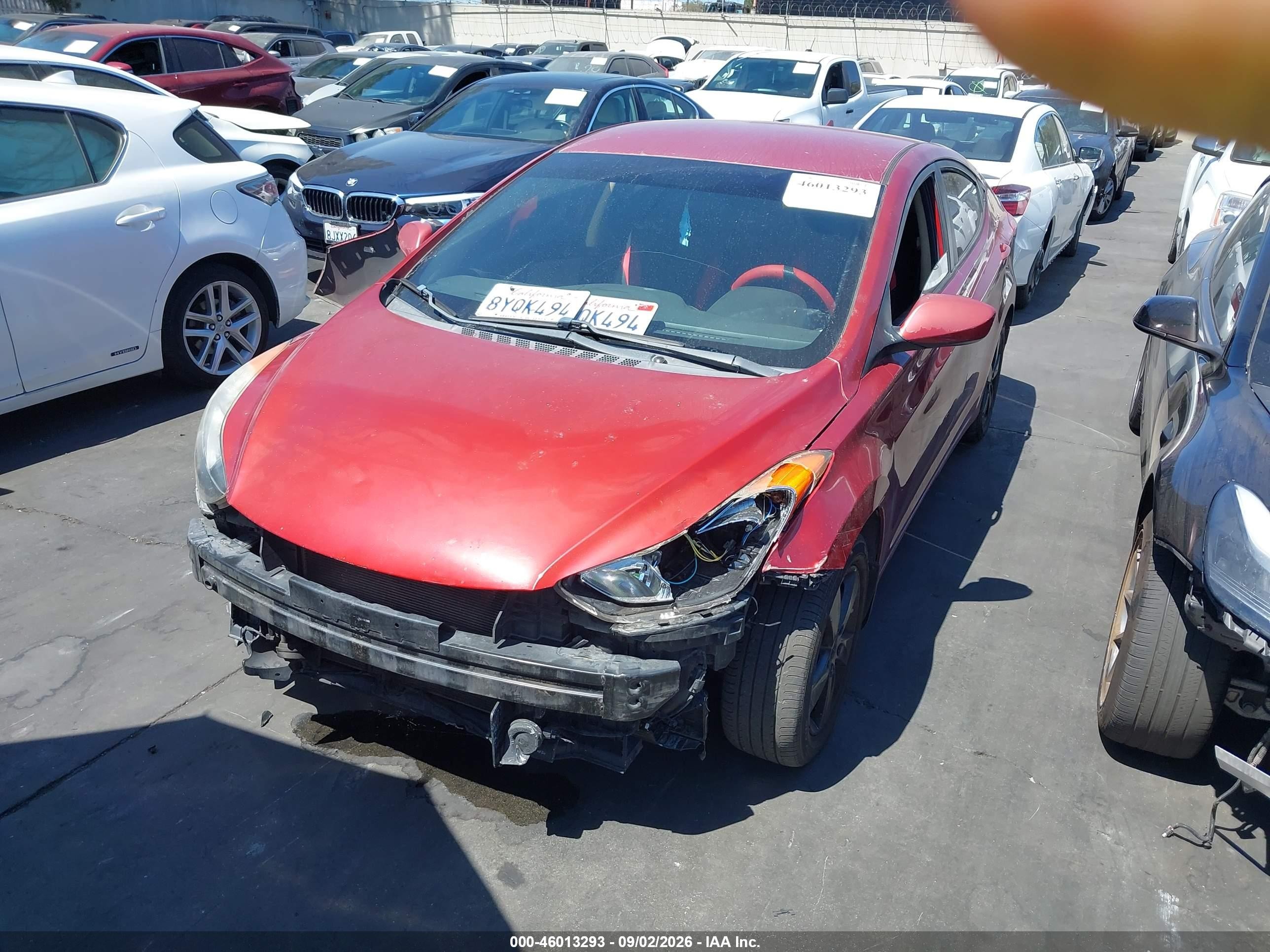 2013 Hyundai Elantra VIN KMHDH4AE0DU590724 IAAI salvage auction — Front End, Salvage Certificate (California), sold $1,100 on 2026-09-13 (photo 2)
