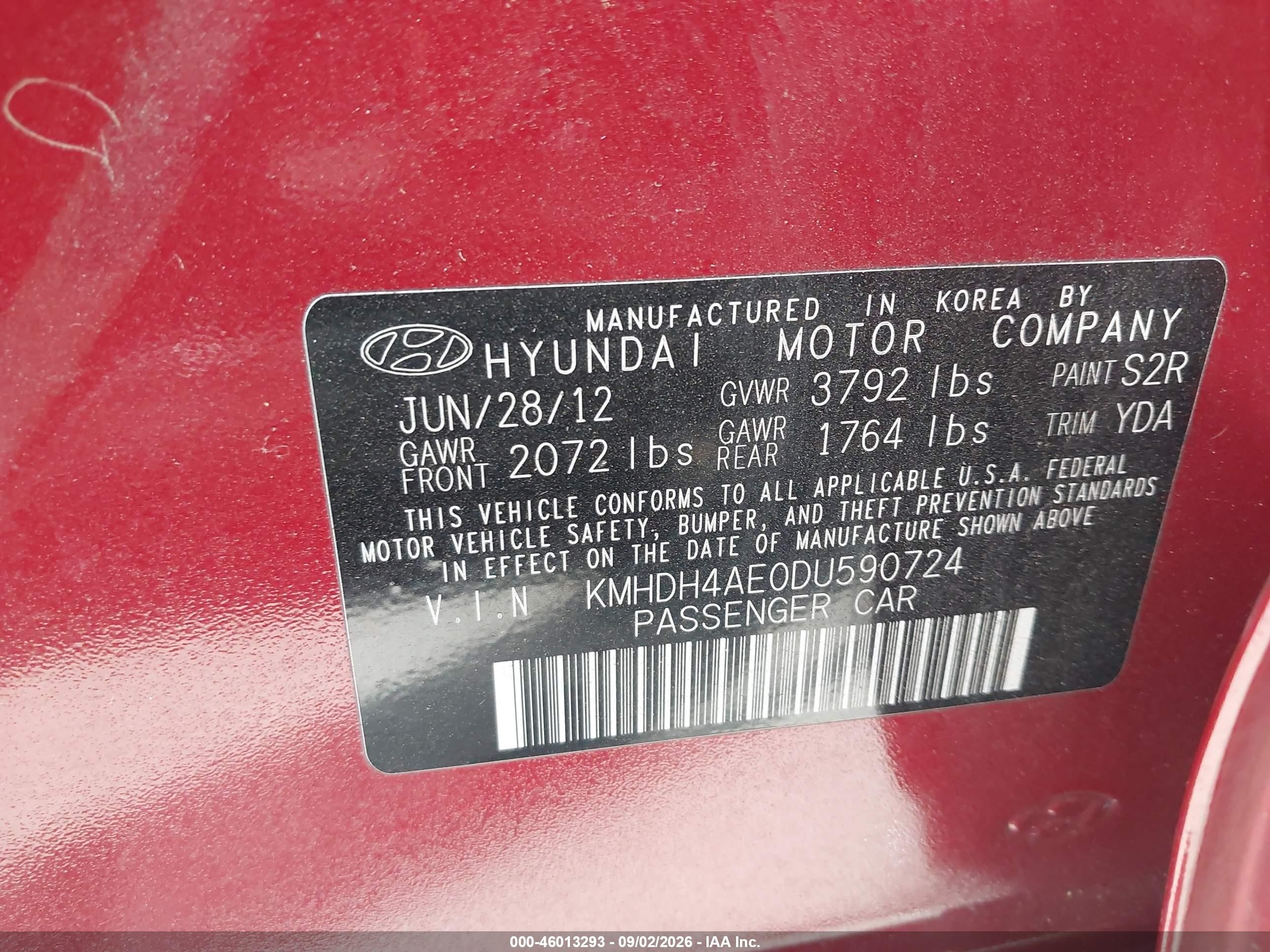 2013 Hyundai Elantra VIN KMHDH4AE0DU590724 IAAI salvage auction — Front End, Salvage Certificate (California), sold $1,100 on 2026-09-13 (photo 9)