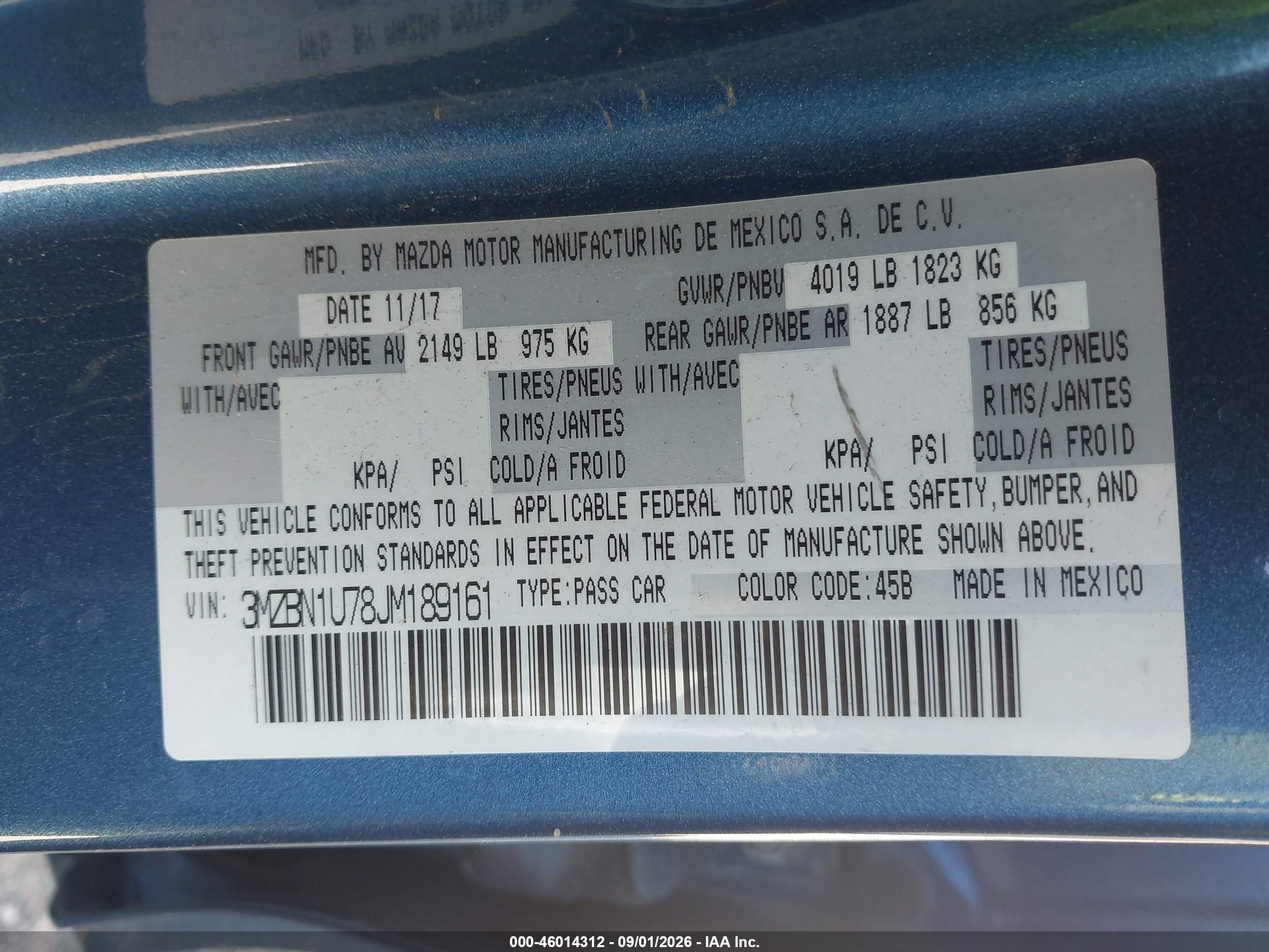 2018 Mazda 3 VIN 3MZBN1U78JM189161 IAAI salvage auction — Front & Rear, Salvage (California), sold $1,000 on 2026-09-19 (photo 9)