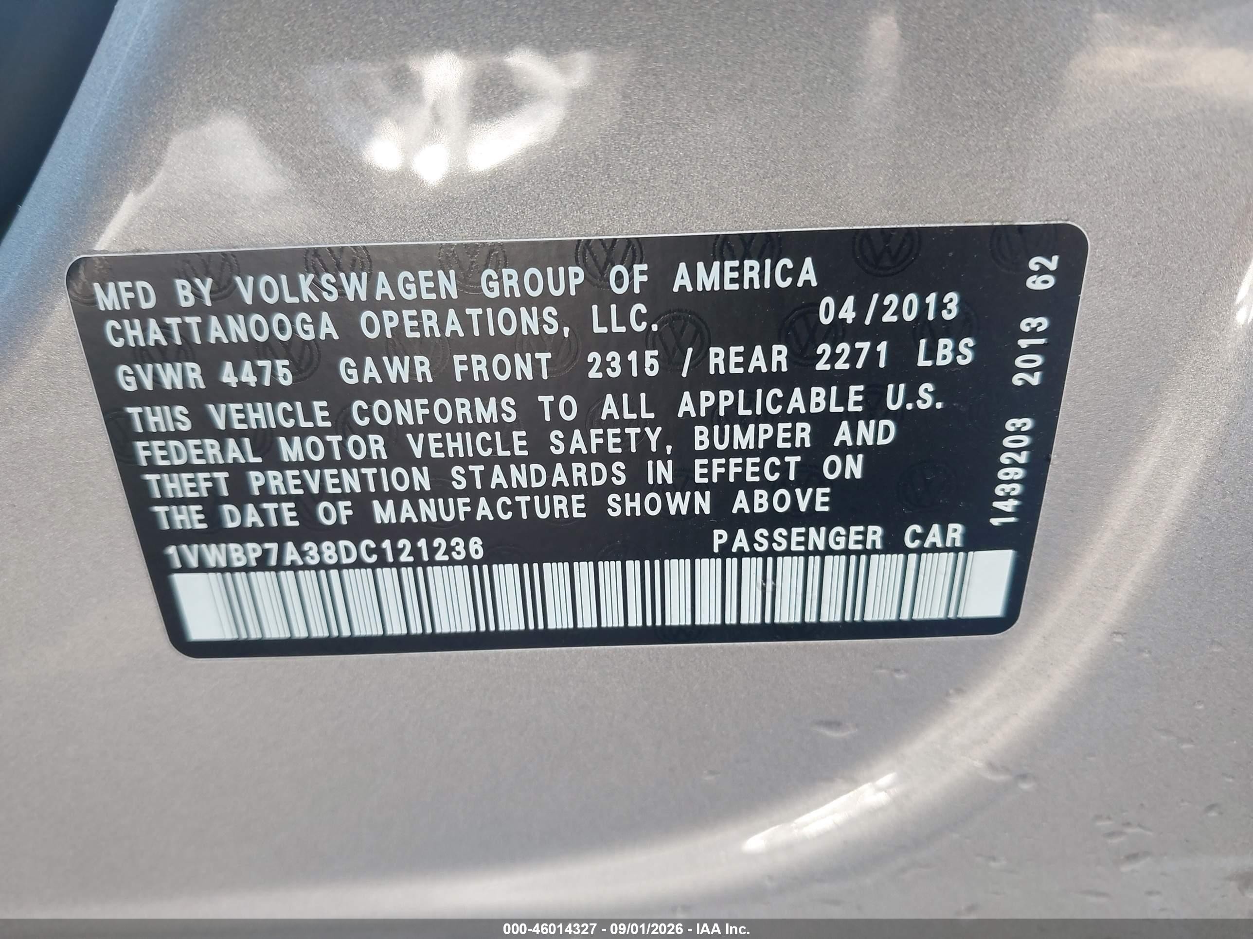 2013 Volkswagen Passat VIN 1VWBP7A38DC121236 IAAI salvage auction — Unknown, Salvage (North Carolina), sold $950 on 2026-09-29 (photo 9)