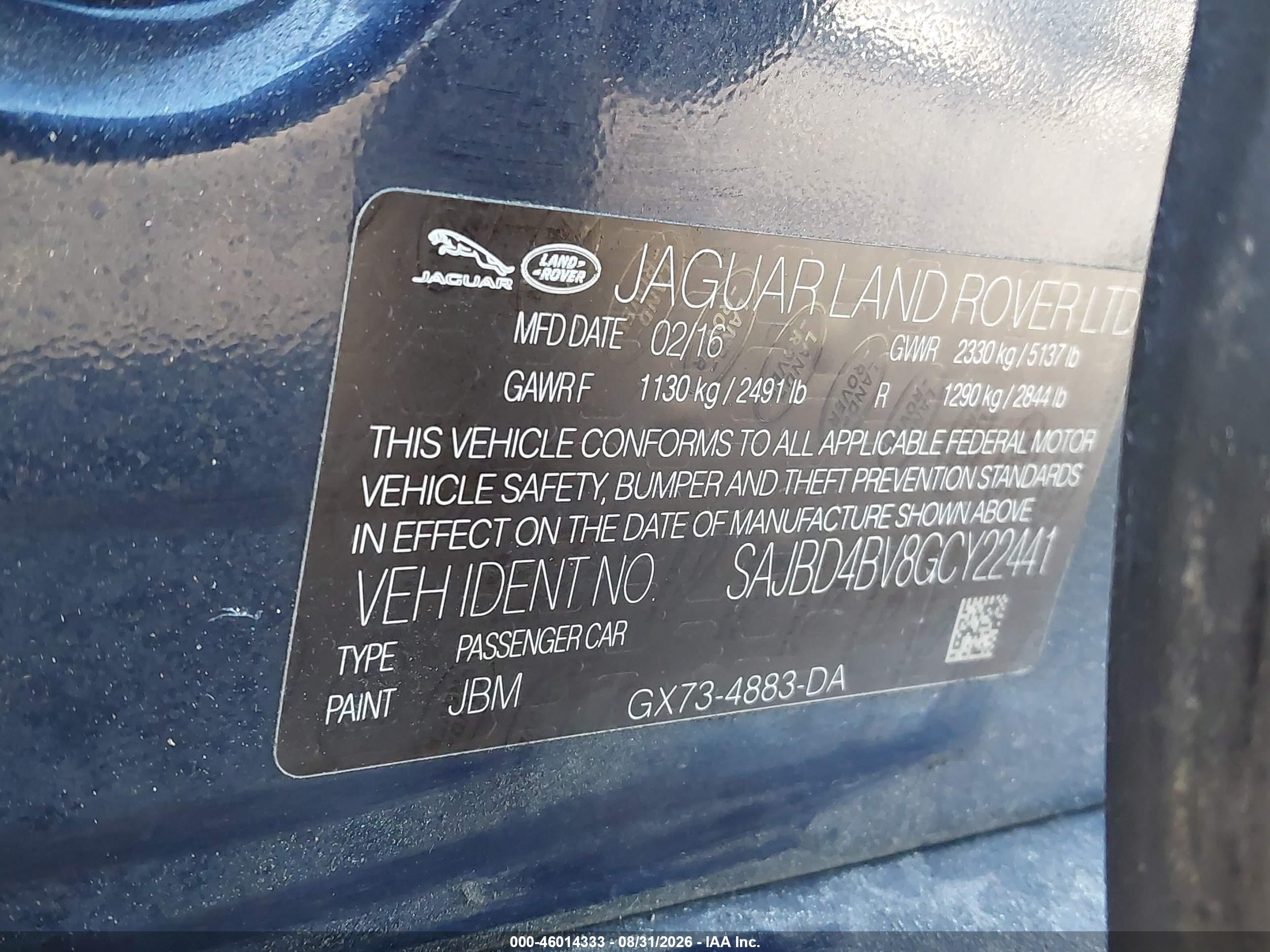 2016 Jaguar Xf VIN SAJBD4BV8GCY22441 IAAI salvage auction — Normal Wear, Clear (Florida), sold $375 on 2026-09-02 (photo 9)