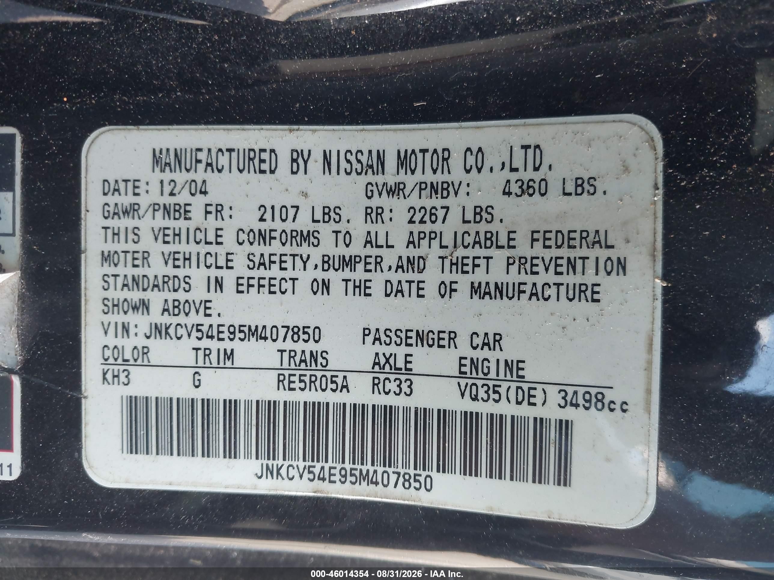 2005 Infiniti G35 VIN JNKCV54E95M407850 IAAI salvage auction — Normal Wear, Clear (Georgia), sold $350 on 2026-09-09 (photo 9)