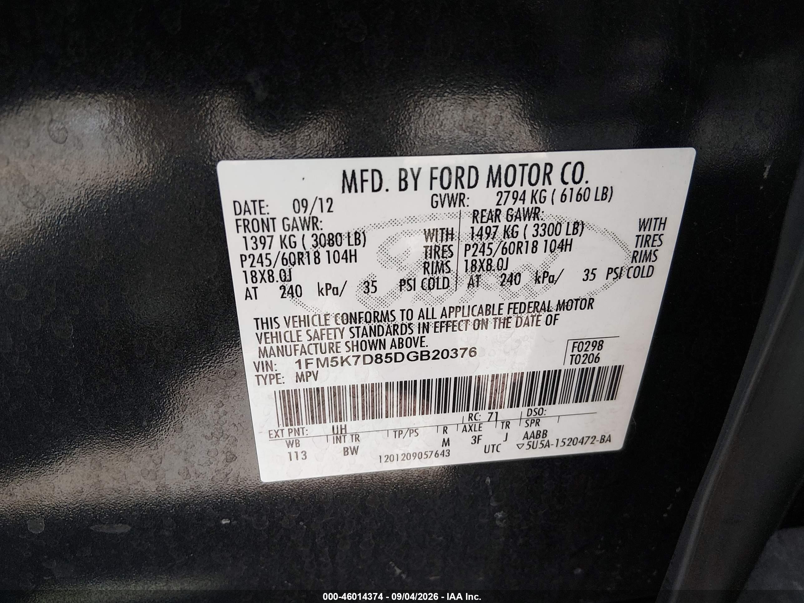 2013 Ford Explorer VIN 1FM5K7D85DGB20376 IAAI salvage auction — Unknown, Wait Title, sold $950 on 2026-09-21 (photo 9)