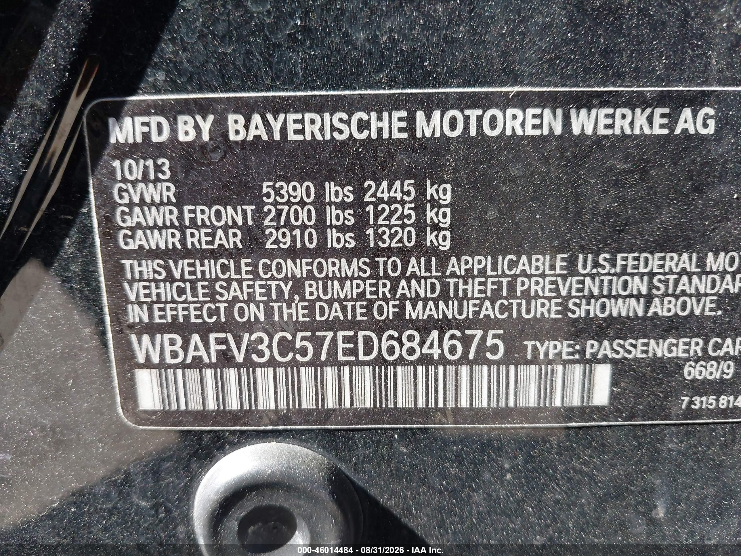 2014 BMW 5 series VIN WBAFV3C57ED684675 IAAI salvage auction — Normal Wear, Clear (Massachusetts), sold $1,050 on 2026-09-08 (photo 9)
