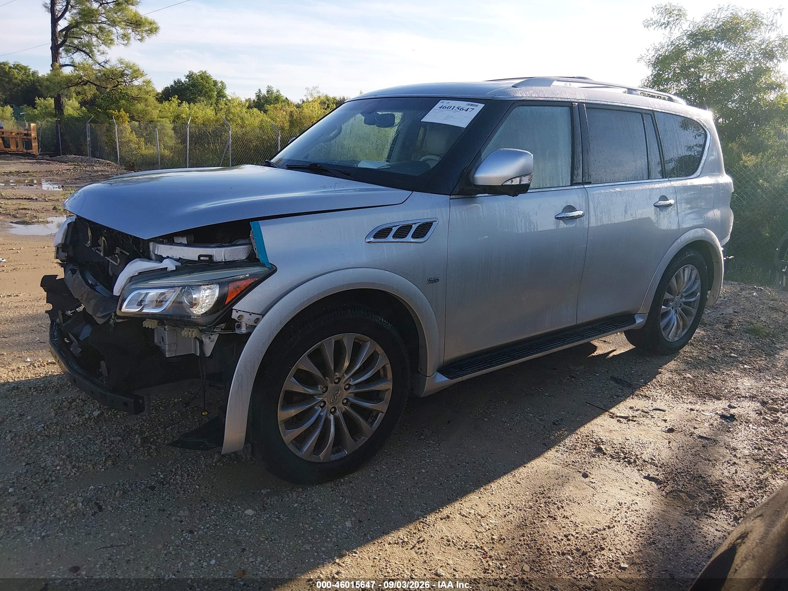 2015 Infiniti QX80 VIN JN8AZ2ND9F9771017 IAAI salvage auction — Front End, Rebuildable (Florida), sold $2,150 on 2026-09-13 (photo 2)