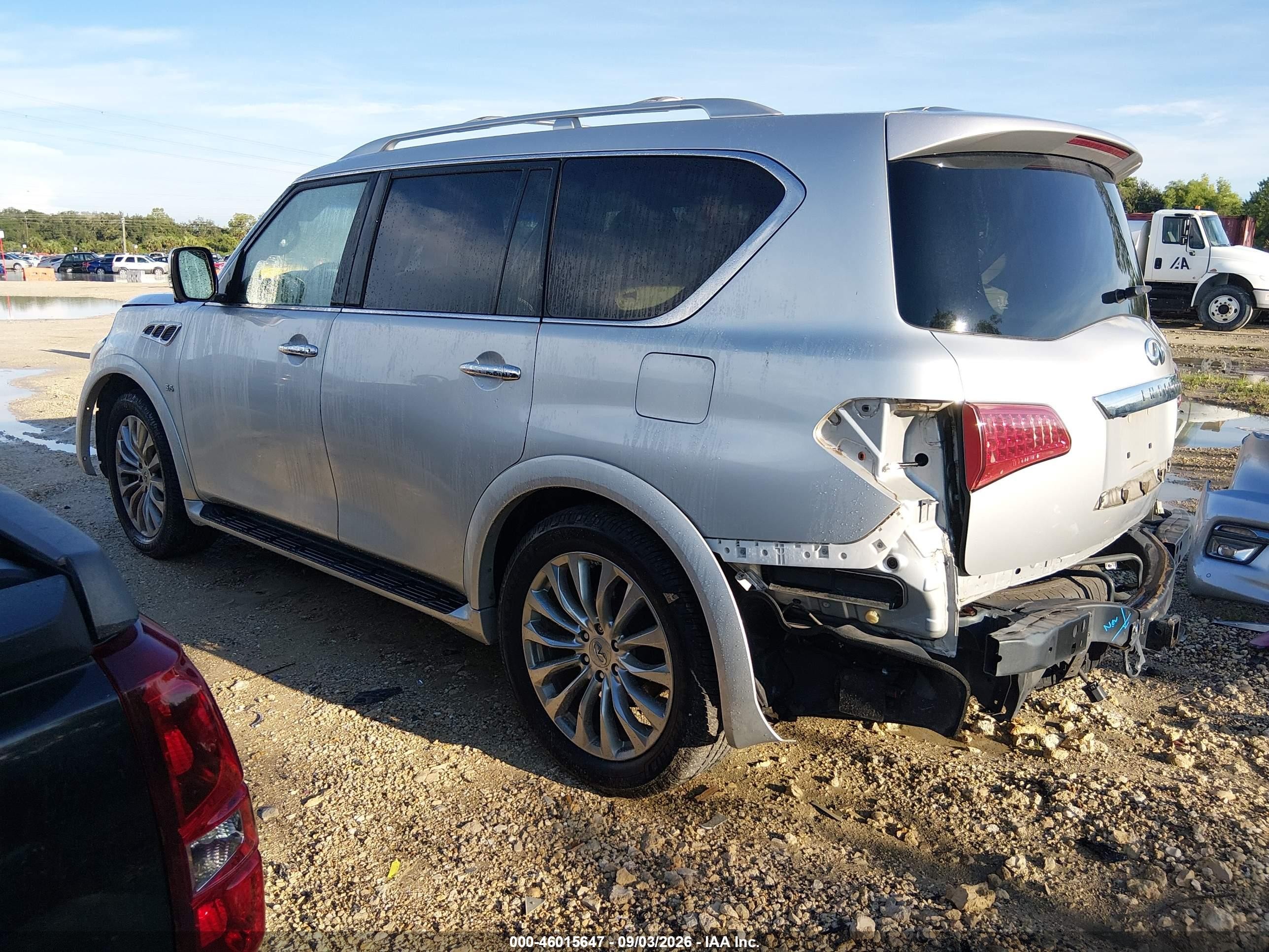 2015 Infiniti QX80 VIN JN8AZ2ND9F9771017 IAAI salvage auction — Front End, Rebuildable (Florida), sold $2,150 on 2026-09-13 (photo 3)