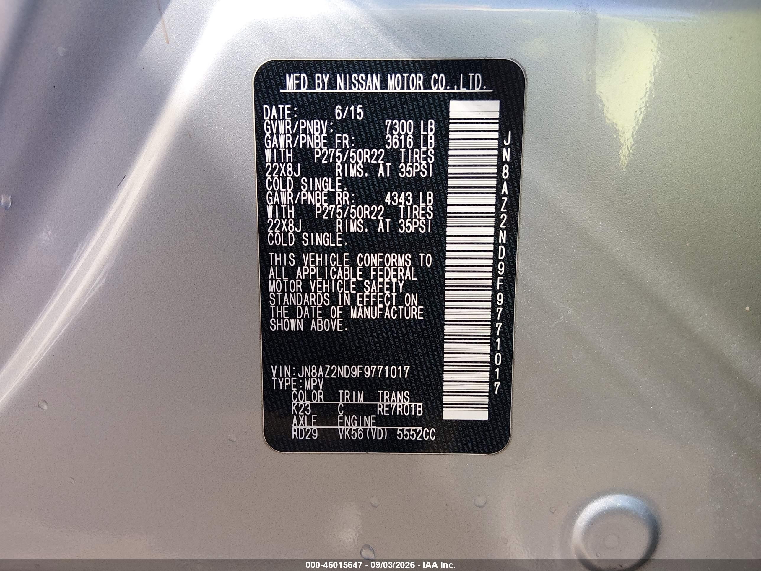 2015 Infiniti QX80 VIN JN8AZ2ND9F9771017 IAAI salvage auction — Front End, Rebuildable (Florida), sold $2,150 on 2026-09-13 (photo 9)