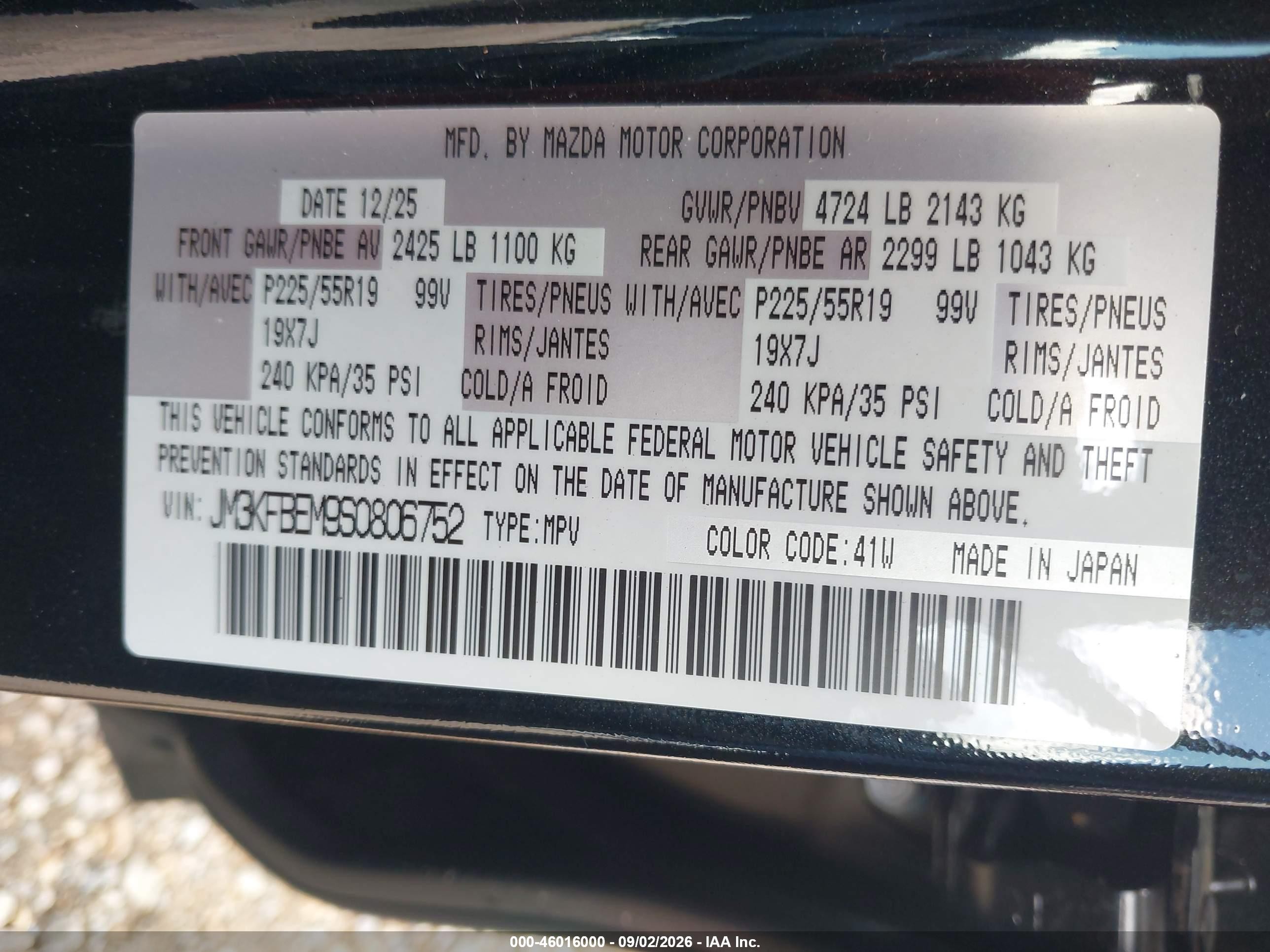 2025 Mazda CX-5 VIN JM3KFBEM9S0806752 IAAI salvage auction — Rear End, Clear (Florida), sold $21,300 on 2026-09-16 (photo 9)