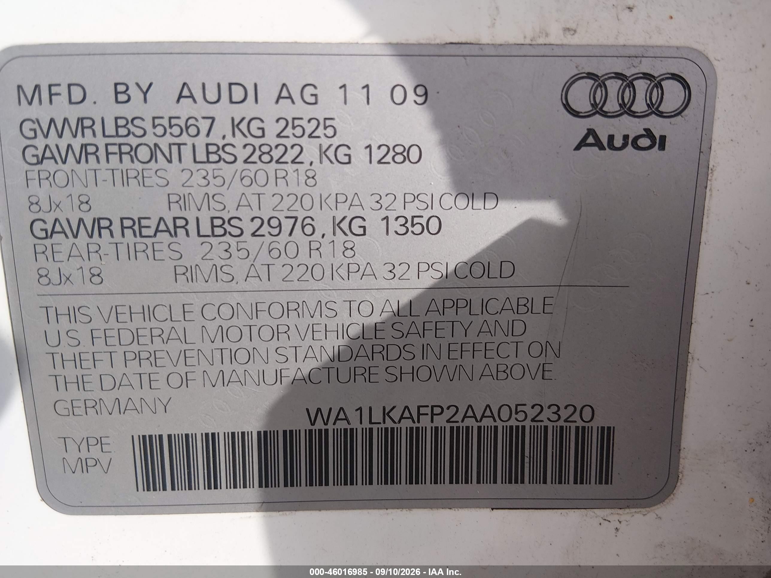 2010 Audi Q5 VIN WA1LKAFP2AA052320 IAAI salvage auction — Side, Salvage (Ohio), sold $600 on 2026-09-30 (photo 9)