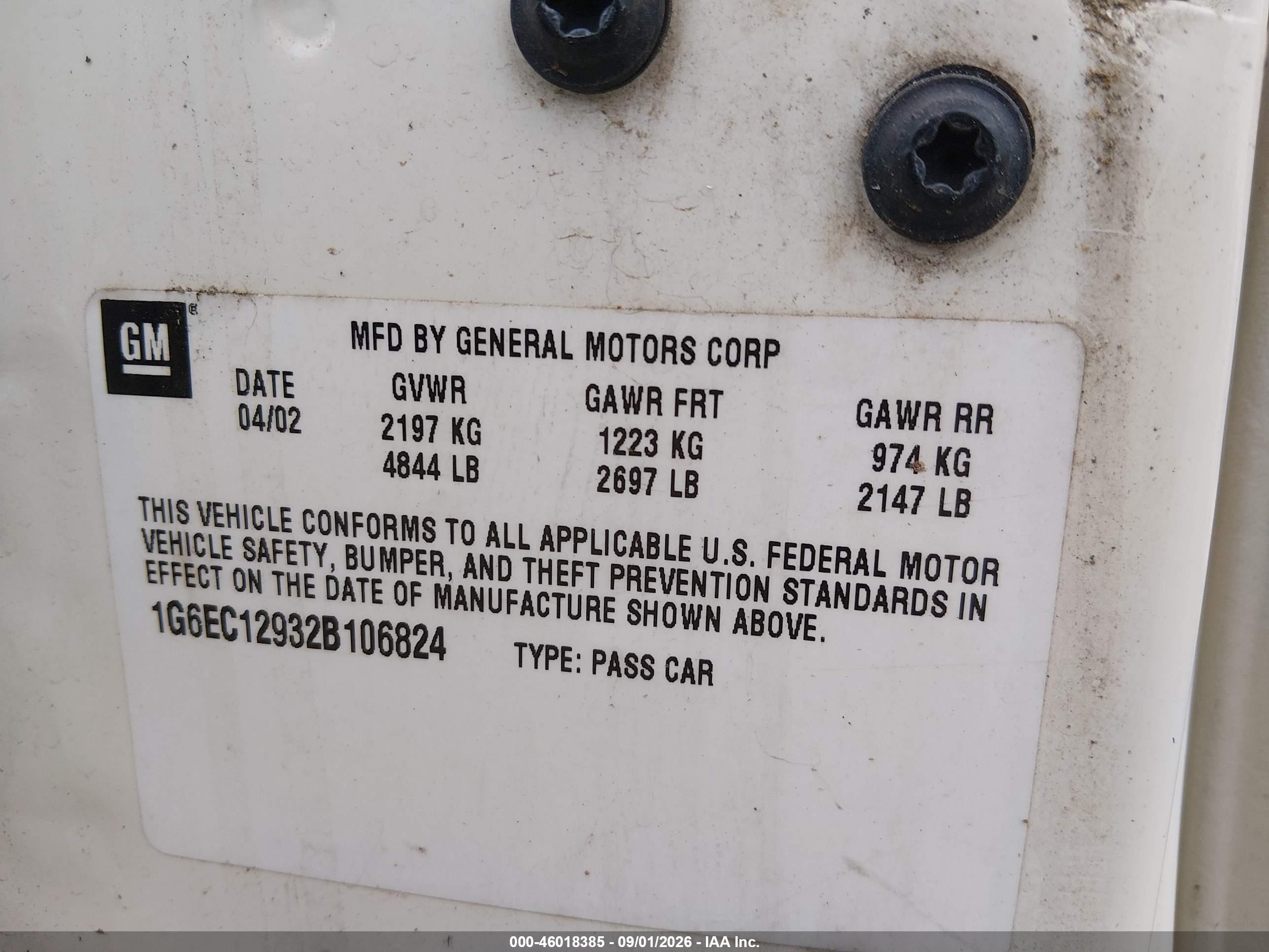 2002 Cadillac Eldorado VIN 1G6EC12932B106824 IAAI salvage auction — Rear End, Clear (Washington), sold $725 on 2026-09-26 (photo 9)